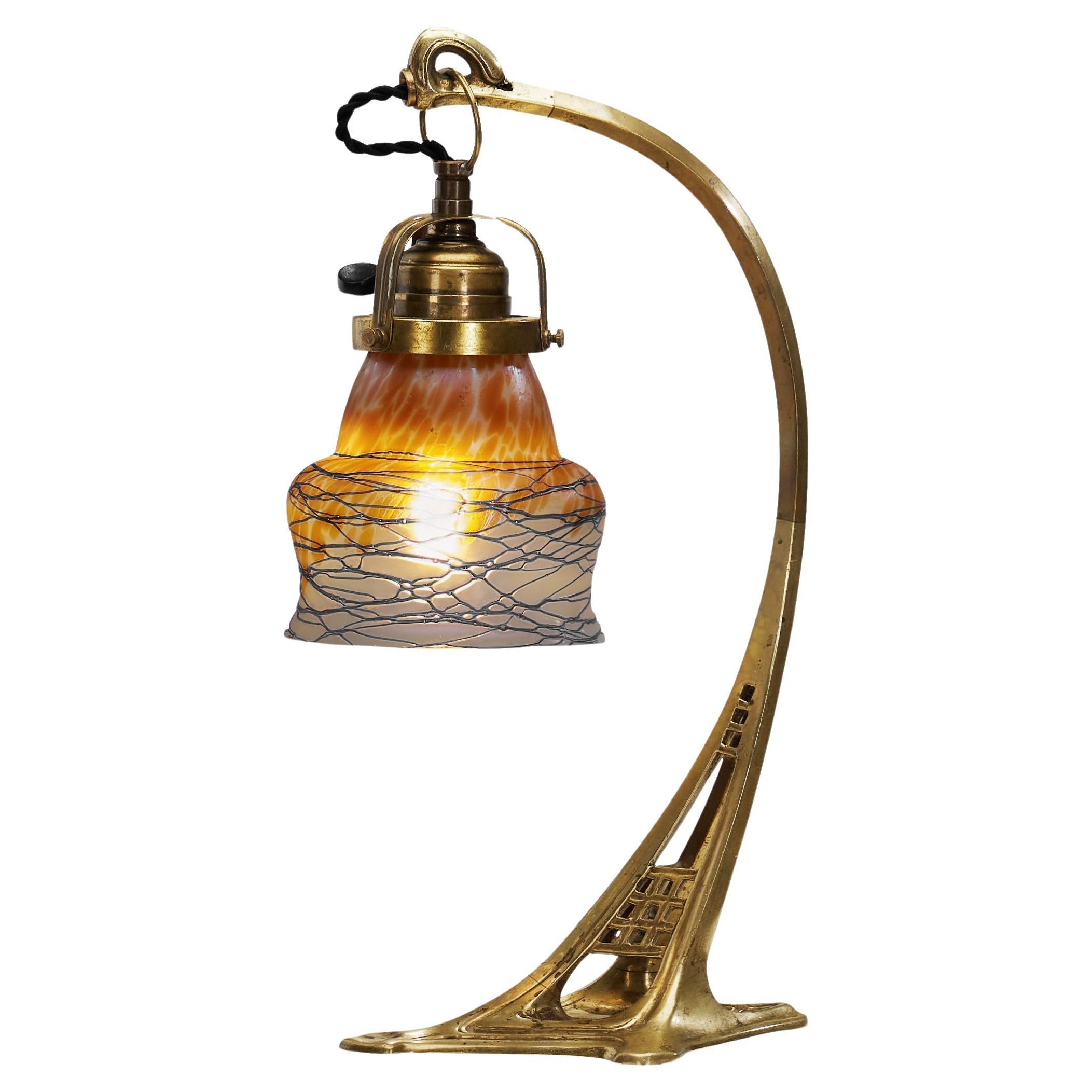 Brass Table Lamp with Iridescent Glass Shade, Europe, Early 20th Century For Sale