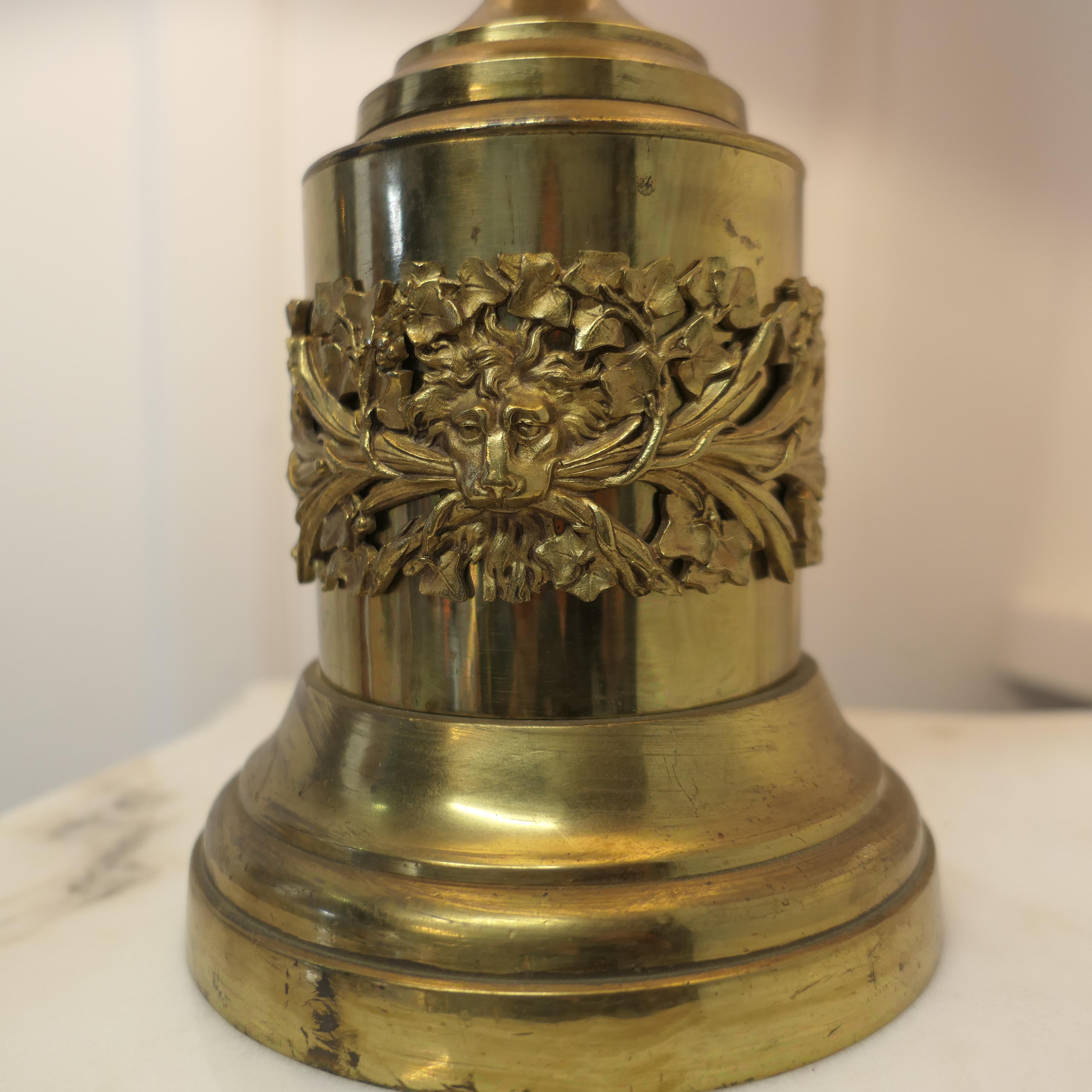 Early 20th Century Brass Table Lamp with Italian Classical Mask and Mounts to the Base For Sale