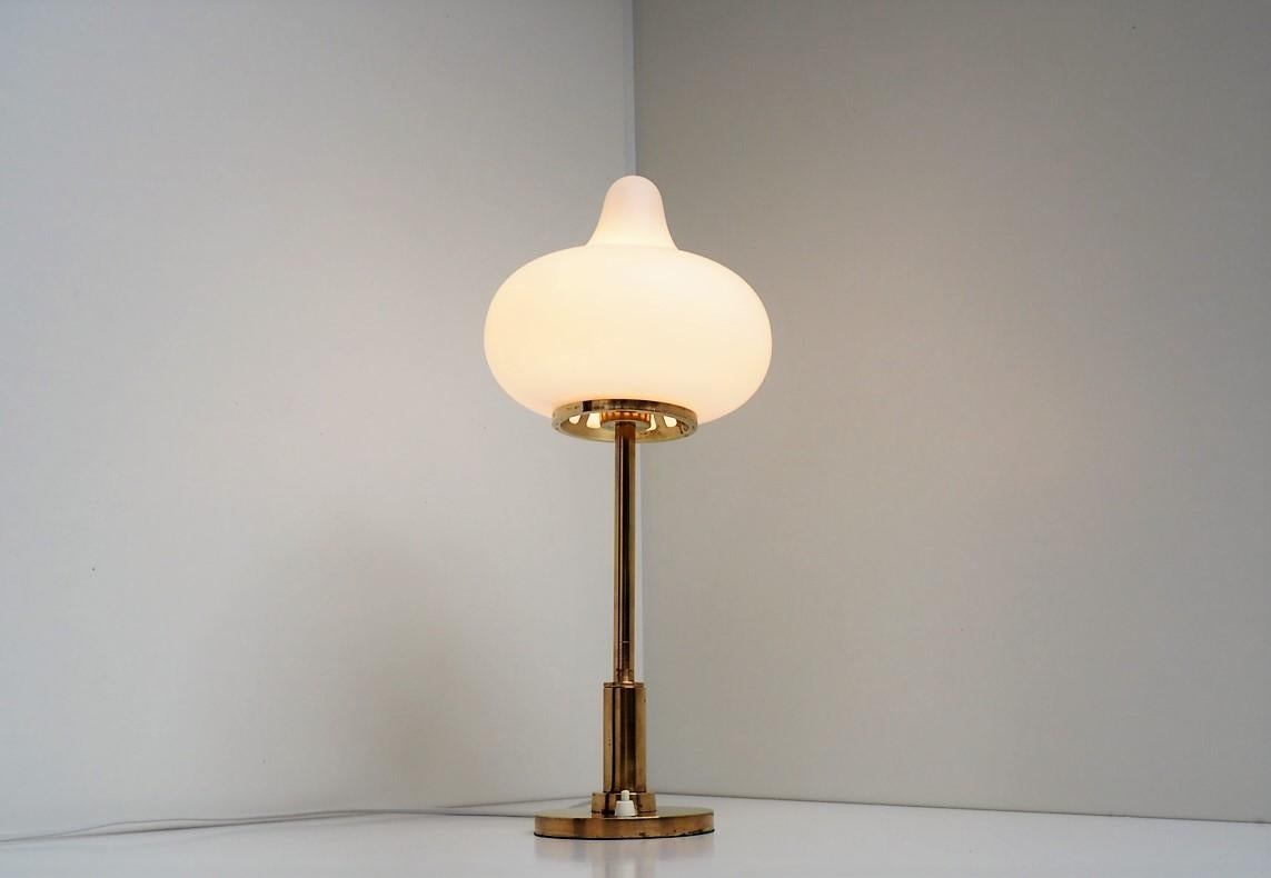 Mid-Century Modern Brass Table Lamp with Opal Glass Shade from Louis Poulsen, 1950s For Sale