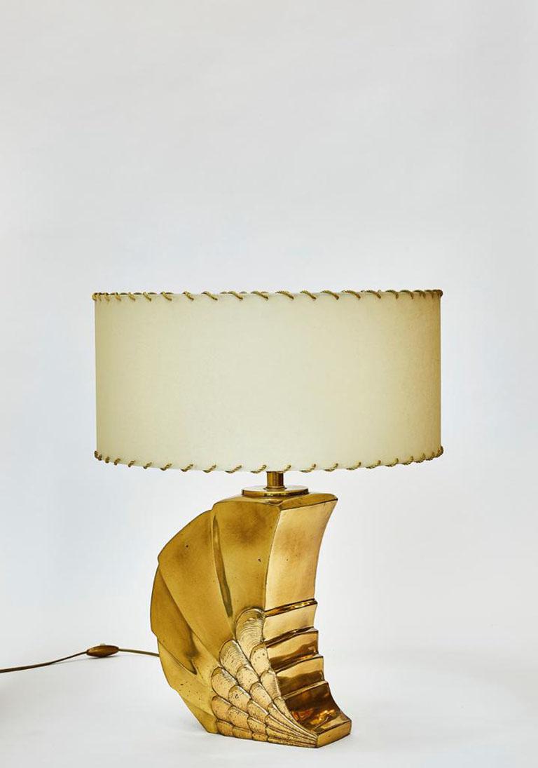 Mid-Century Modern Brass Table Lamp with Parchment Paper Shades