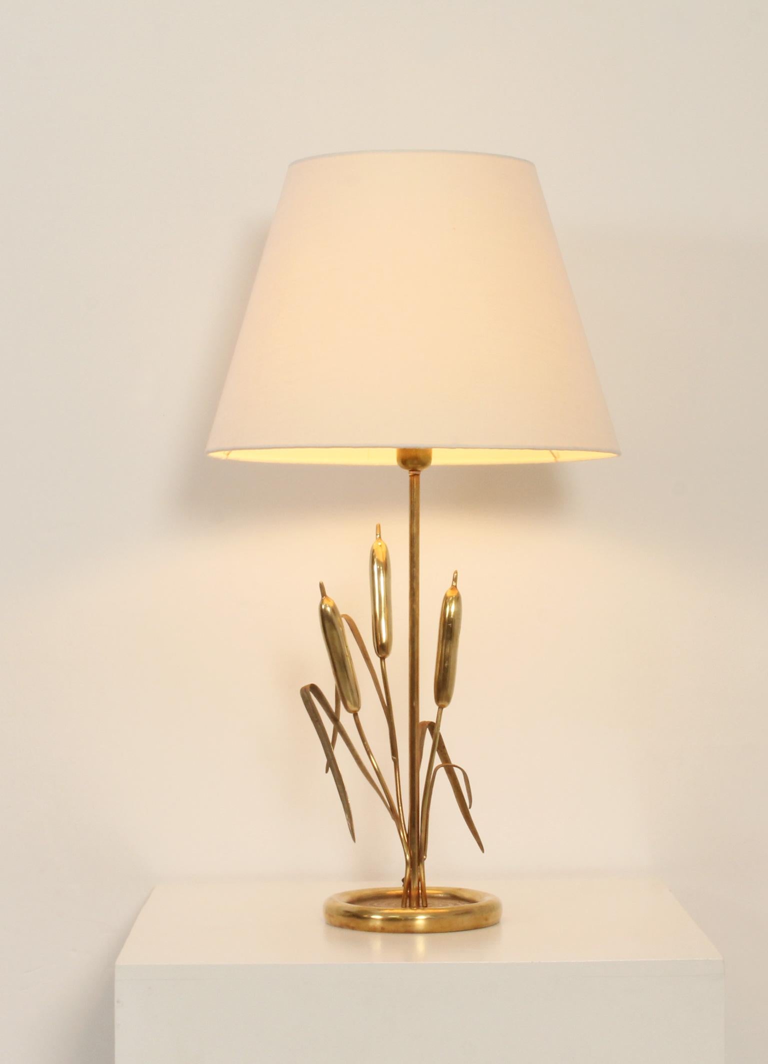 Brass table lamp with wheat spikes from 1970's, Italy. Solid brass details and shade with new fabric. 