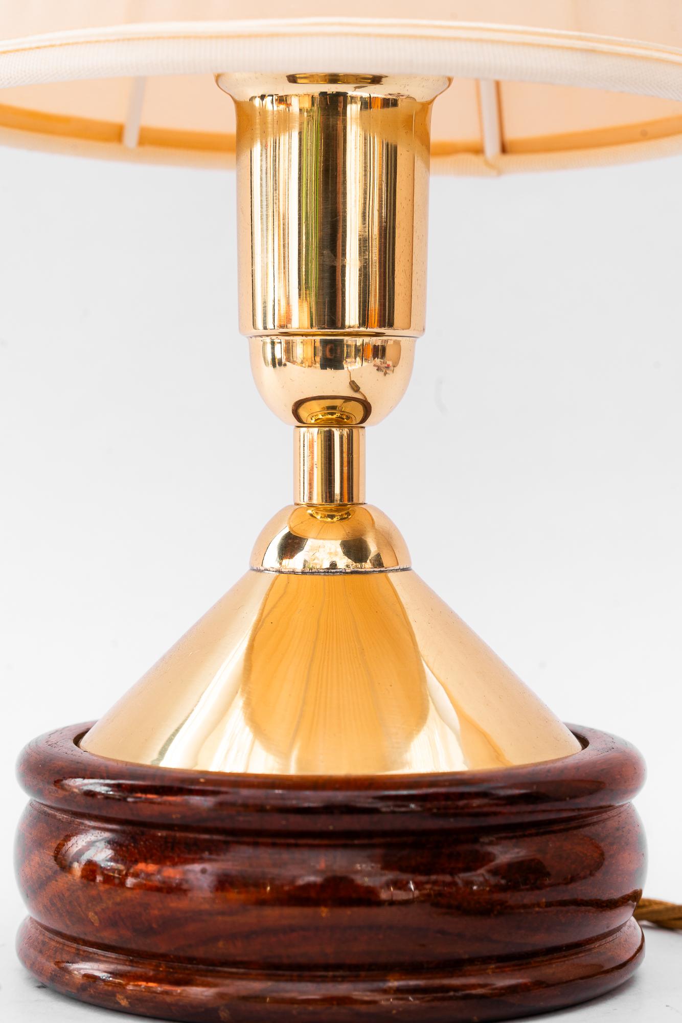 Brass table lamp with wood and fabric shade vienna around 1950s (Österreichisch) im Angebot