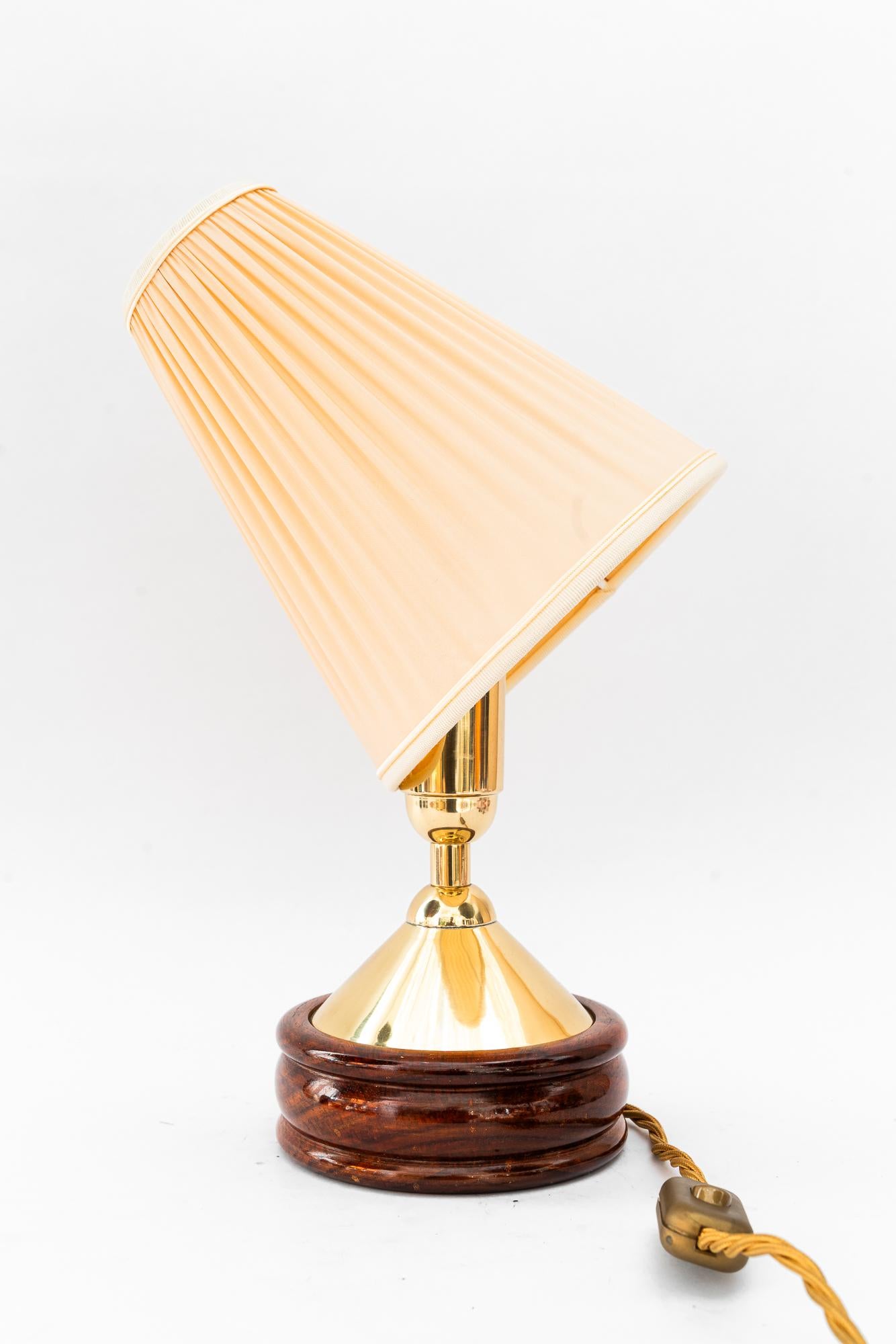 Brass table lamp with wood and fabric shade vienna around 1950s (Mitte des 20. Jahrhunderts) im Angebot