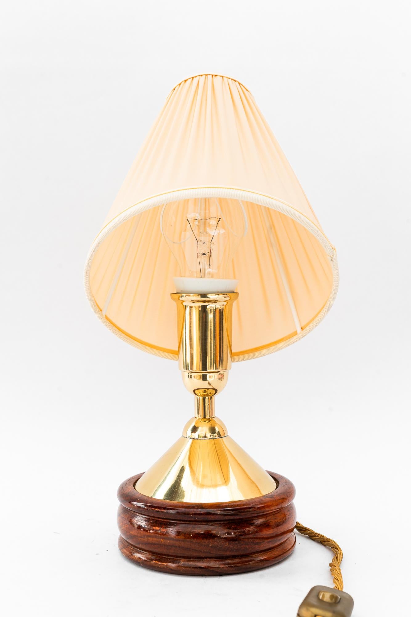 Brass table lamp with wood and fabric shade vienna around 1950s (Messing) im Angebot