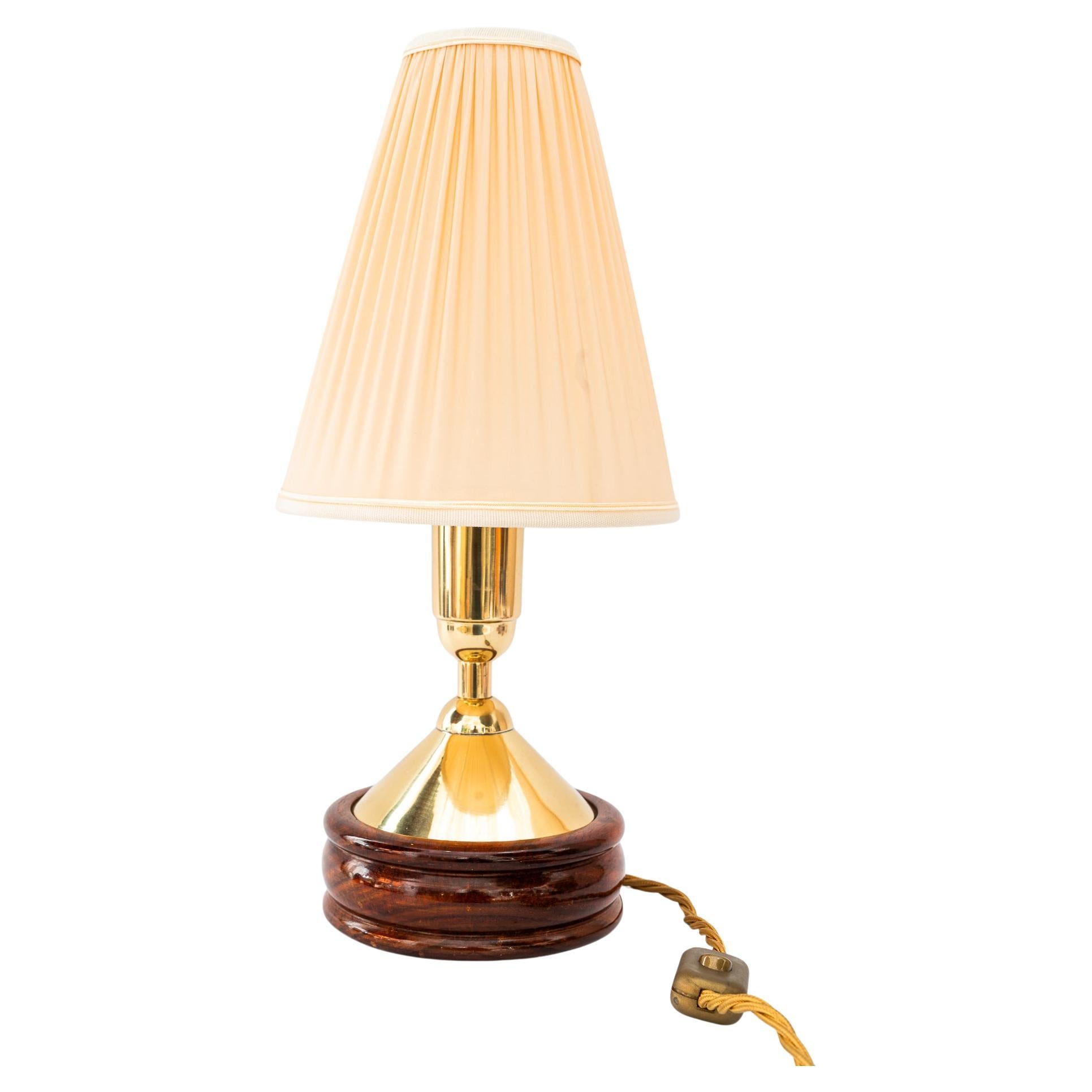 Brass table lamp with wood and fabric shade vienna around 1950s