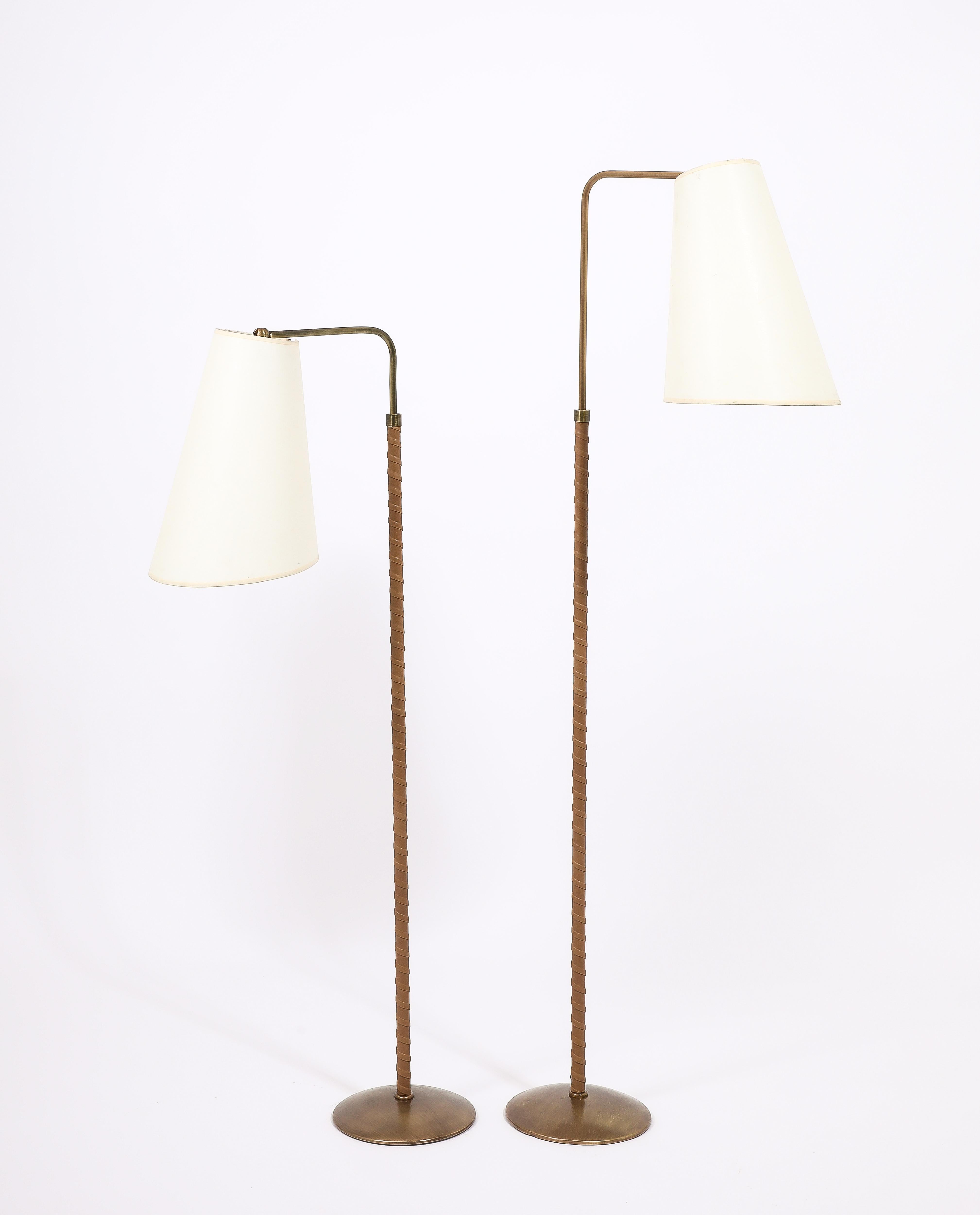 Brass & Tan Leather Metalarte Floor Lamps, Spain 1960's For Sale 4