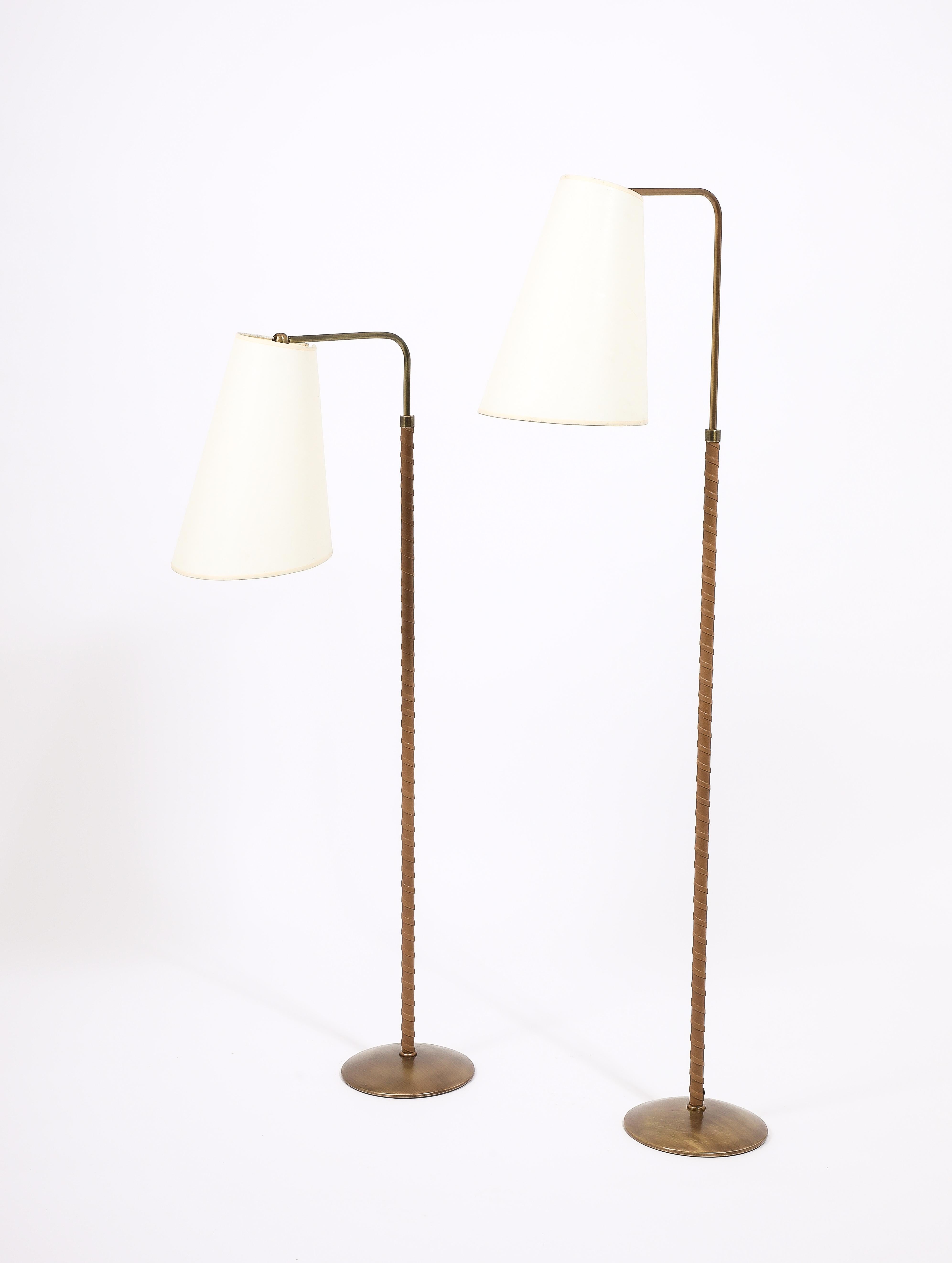 Brass & Tan Leather Metalarte Floor Lamps, Spain 1960's For Sale 5