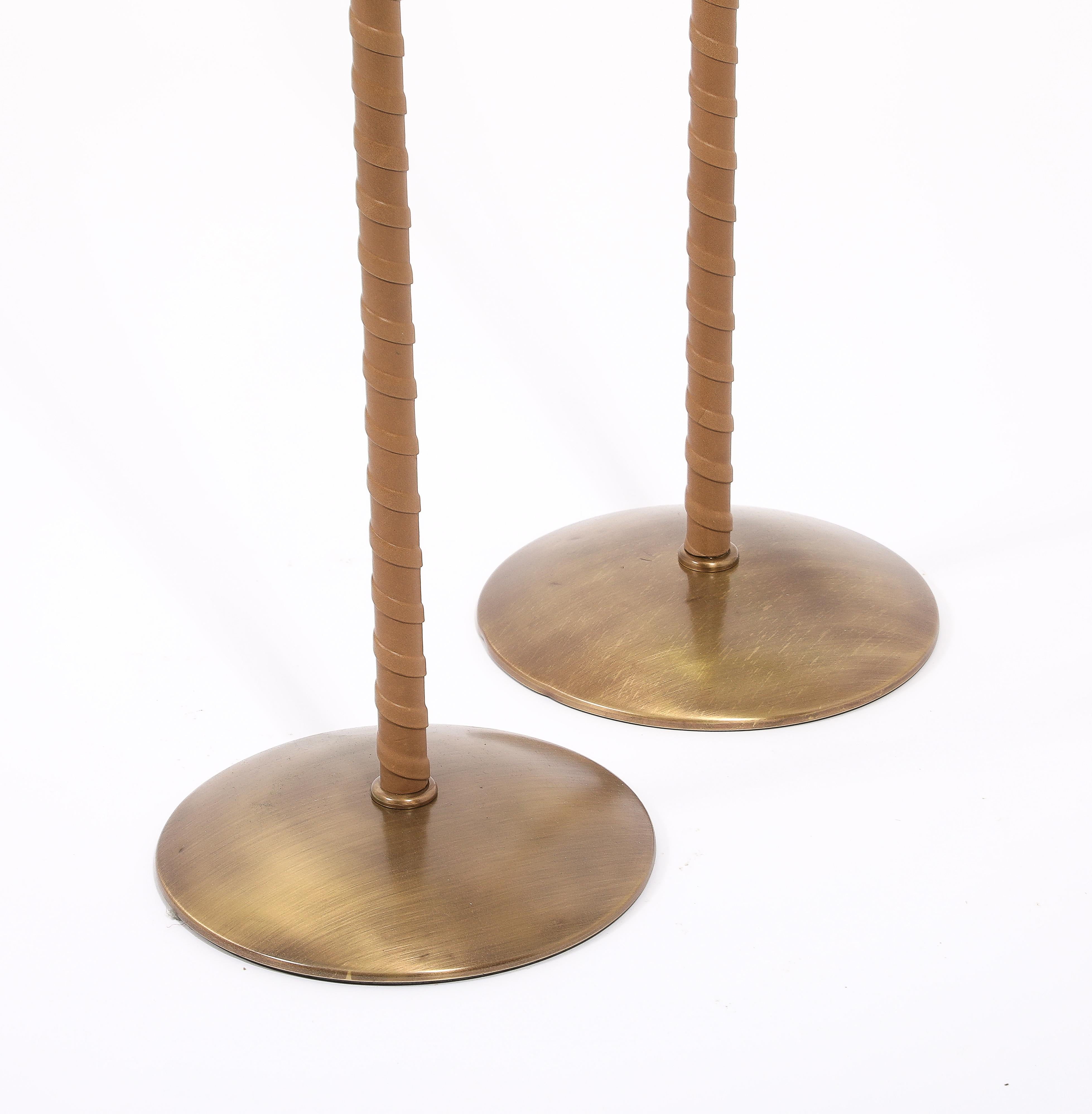 Brass & Tan Leather Metalarte Floor Lamps, Spain 1960's For Sale 9
