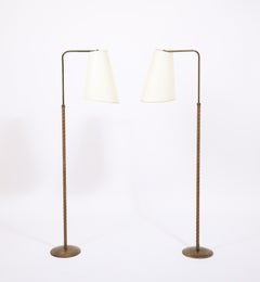 Brass & Tan Leather Metalarte Floor Lamps, Spain 1960's