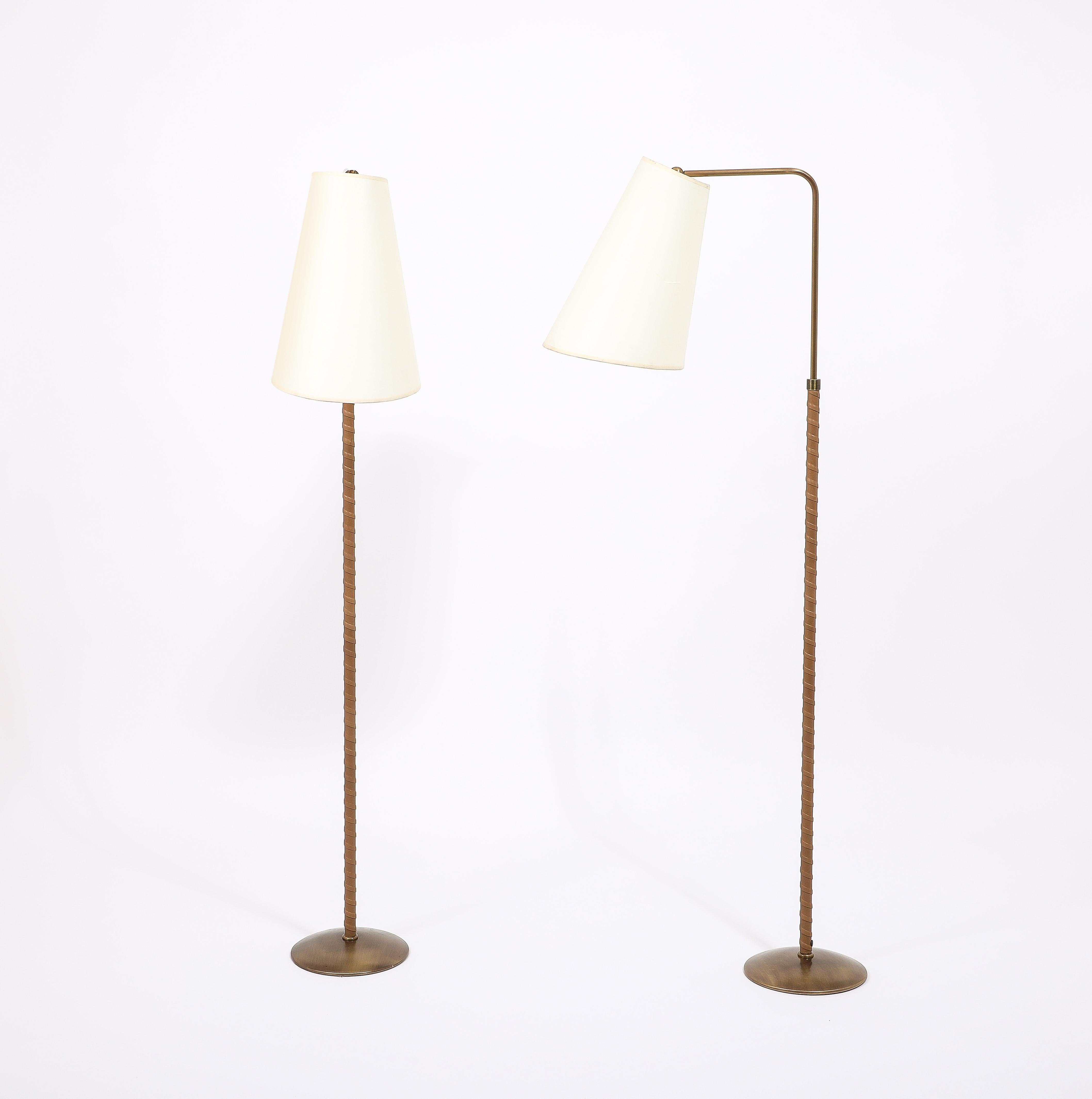 Mid-Century Modern Brass & Tan Leather Metalarte Floor Lamps, Spain 1960's For Sale