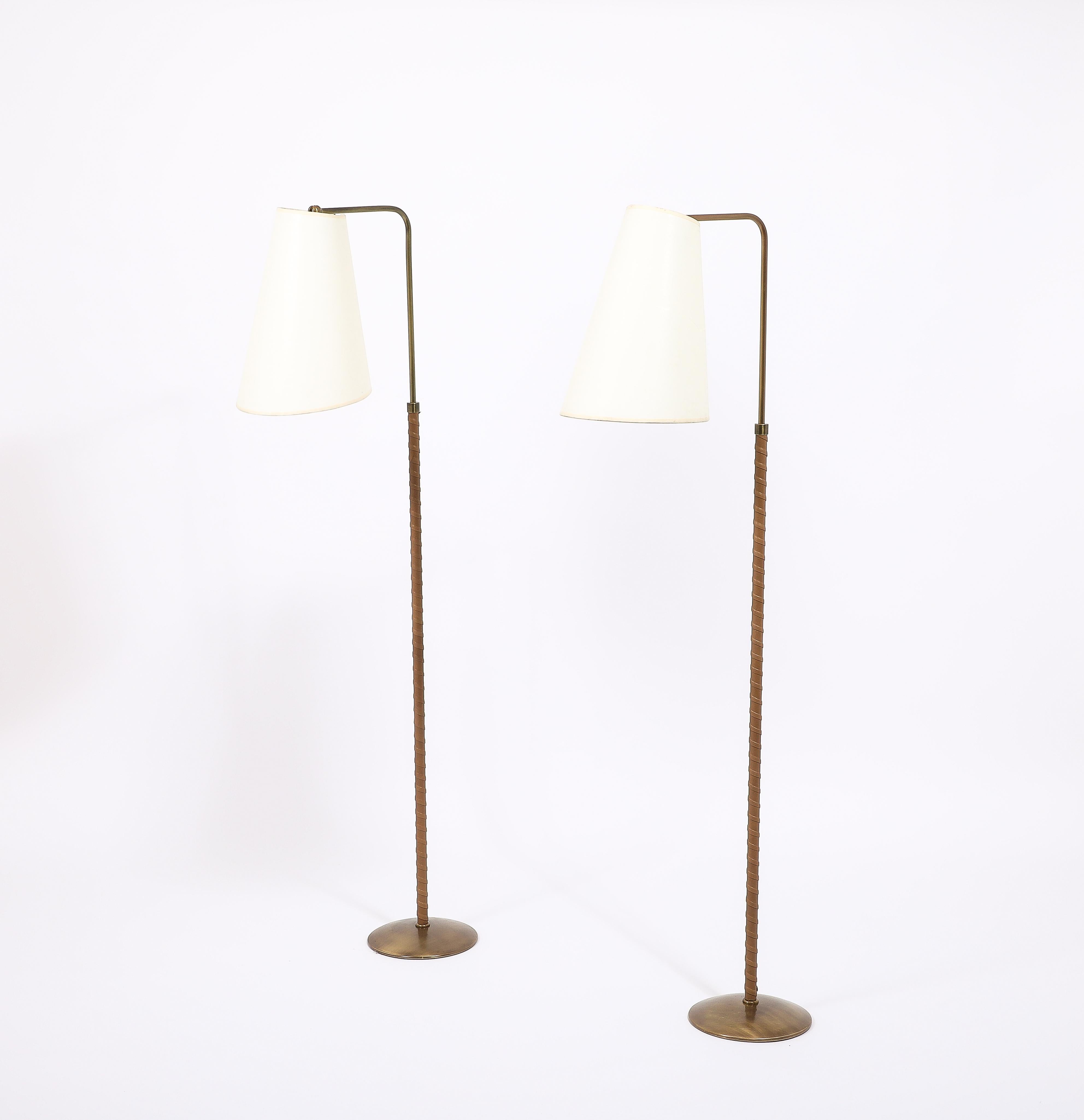 French Brass & Tan Leather Metalarte Floor Lamps, Spain 1960's For Sale
