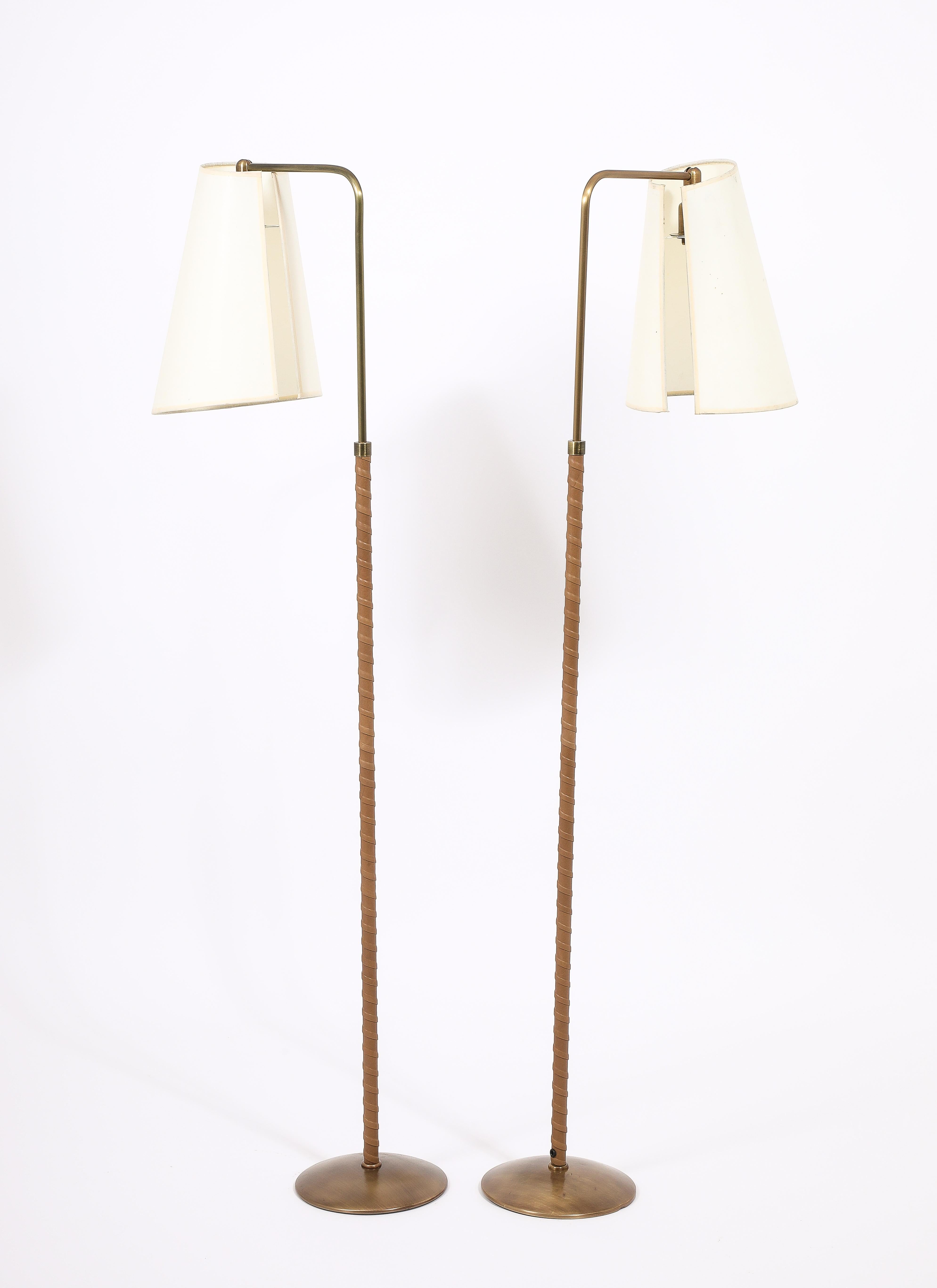 Brass & Tan Leather Metalarte Floor Lamps, Spain 1960's For Sale 3