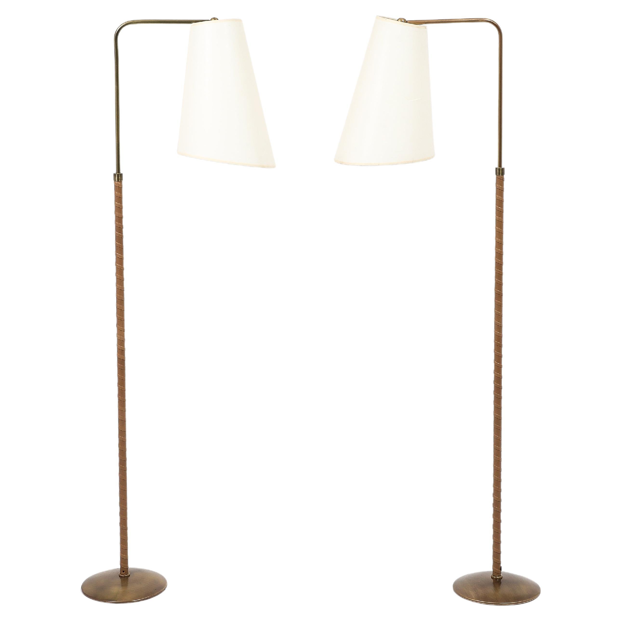 Brass & Tan Leather Metalarte Floor Lamps, Spain 1960's For Sale