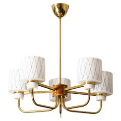 Brass, Teak and Opaline Glass with Diamond Pattern Chandelier, Finland, 1950s