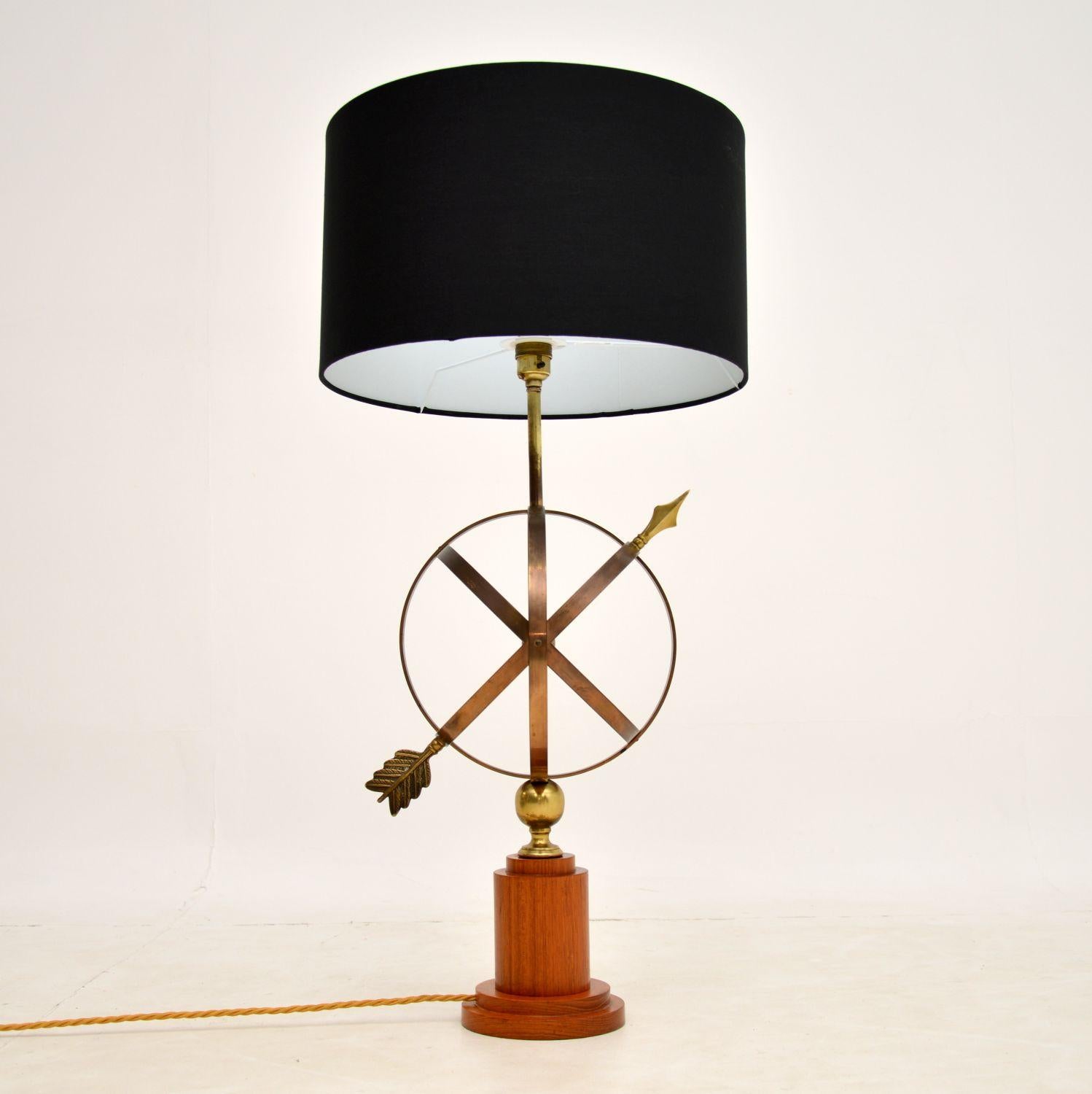 Mid-Century Modern Brass & Teak Armillary Sphere Vintage Table Lamp For Sale