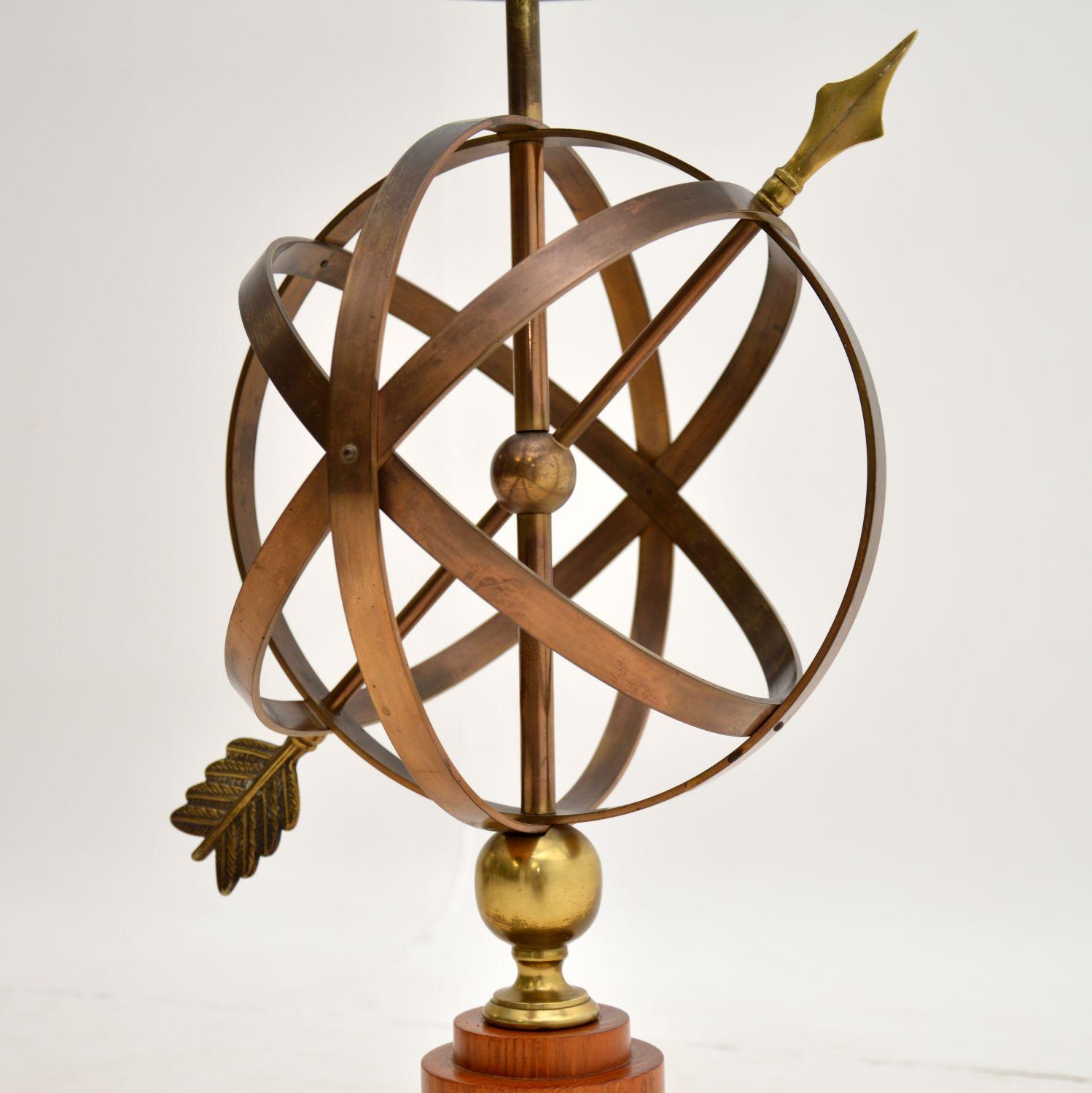 20th Century Brass & Teak Armillary Sphere Vintage Table Lamp For Sale