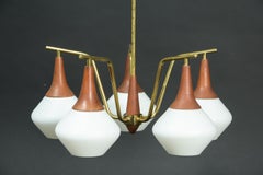 Brass/Teak Midcentury Chandelier with Opaline Glass Shades