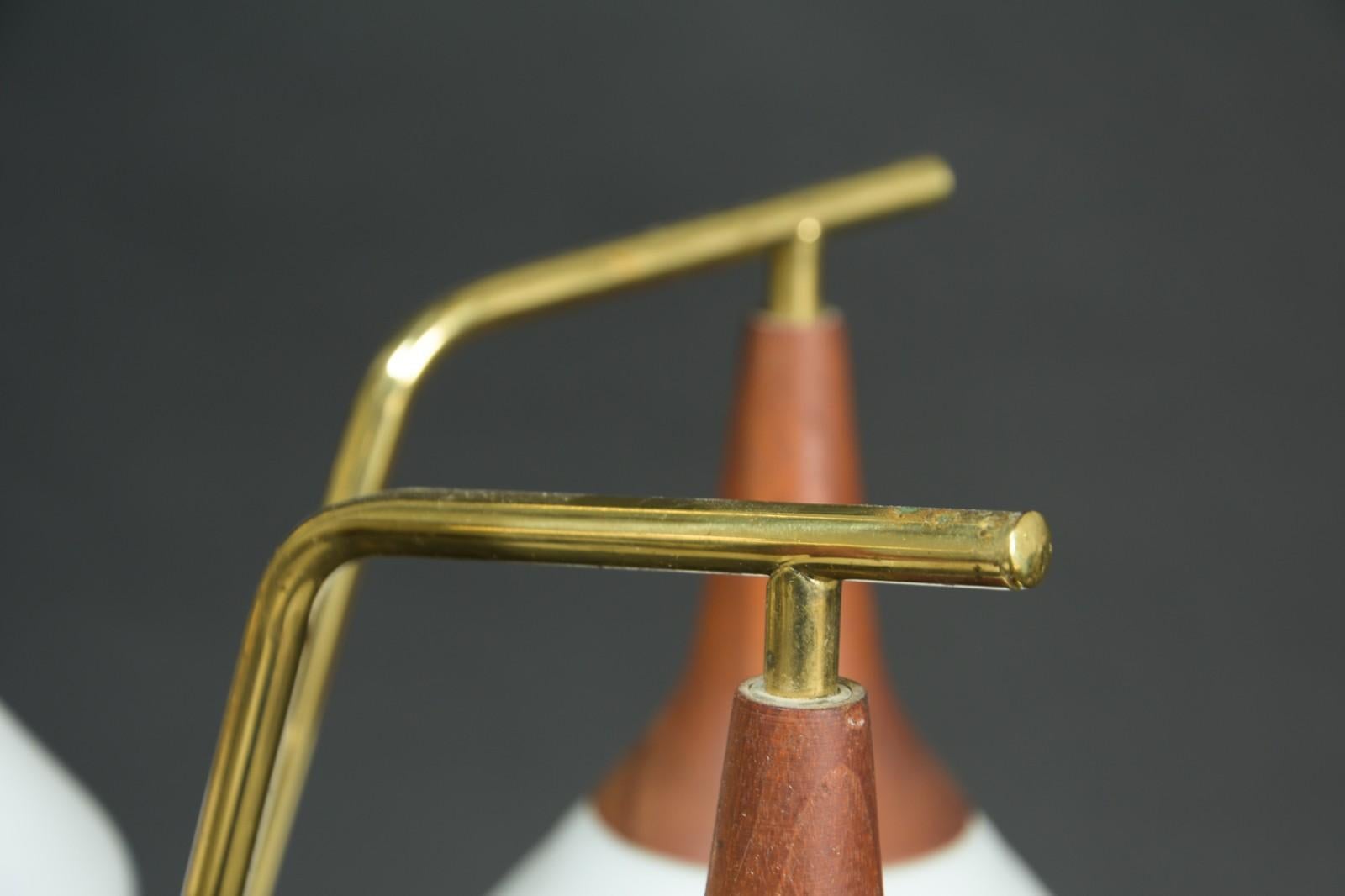 Mid-20th Century Brass/Teak Midcentury Chandelier with Opaline Glass Shades For Sale