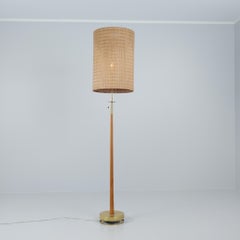 Brass, Teak & Rattan Floor Lamp Attributed to Maria Lindeman, Idman 1950s