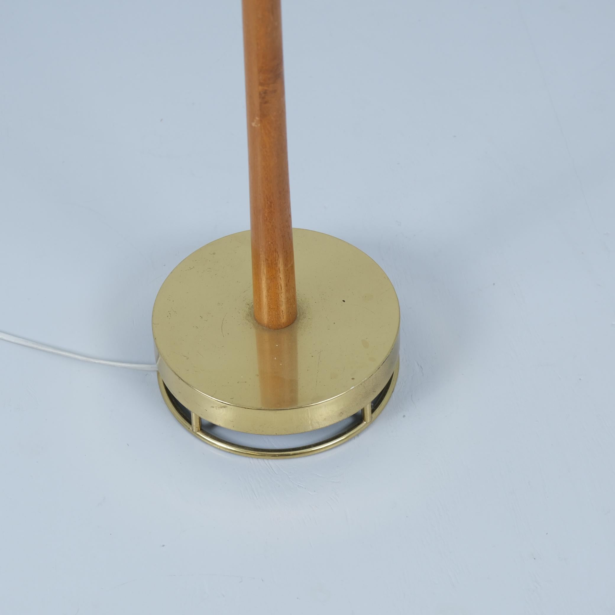 Scandinavian Modern Brass, Teak & Rattan Floor Lamp Attributed to Maria Lindeman, Idman 1950s For Sale