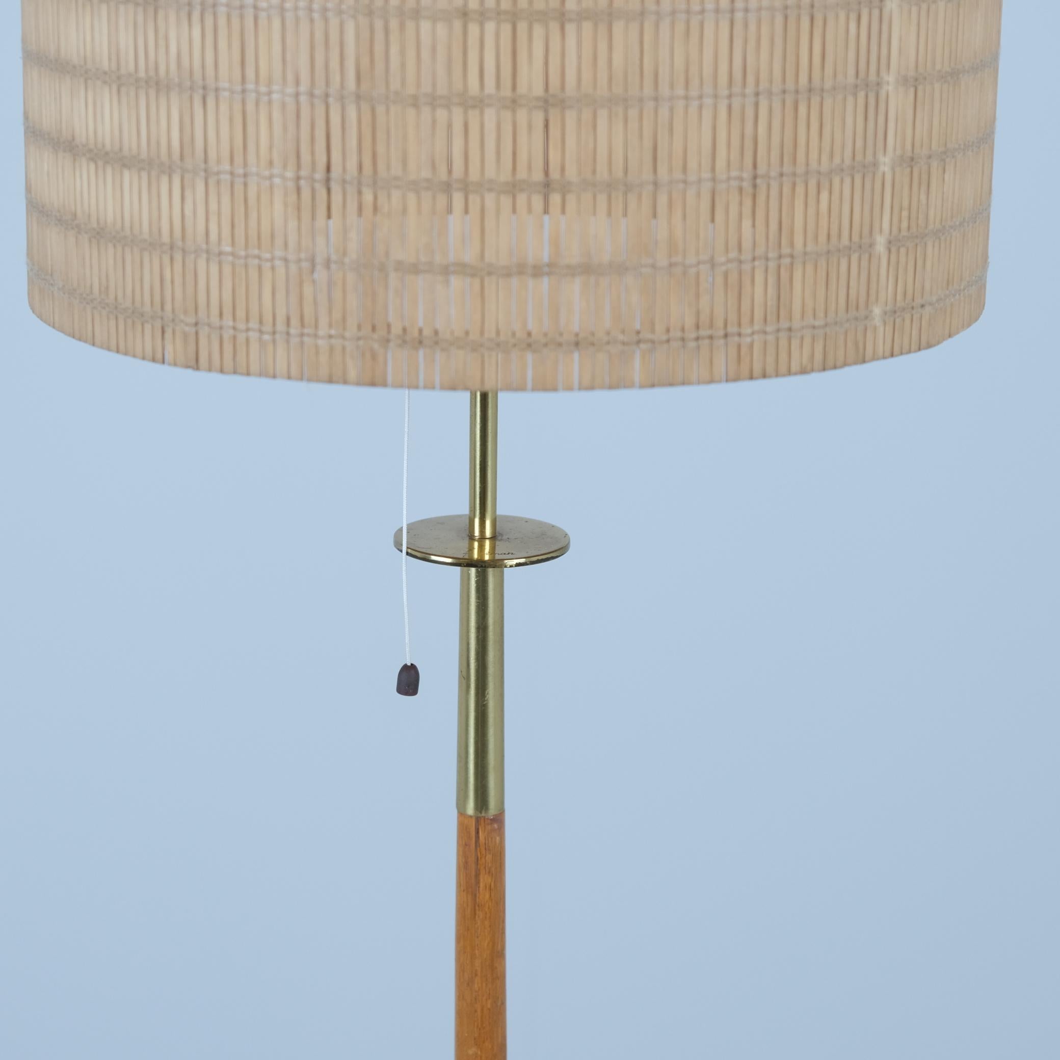 Finnish Brass, Teak & Rattan Floor Lamp Attributed to Maria Lindeman, Idman 1950s For Sale