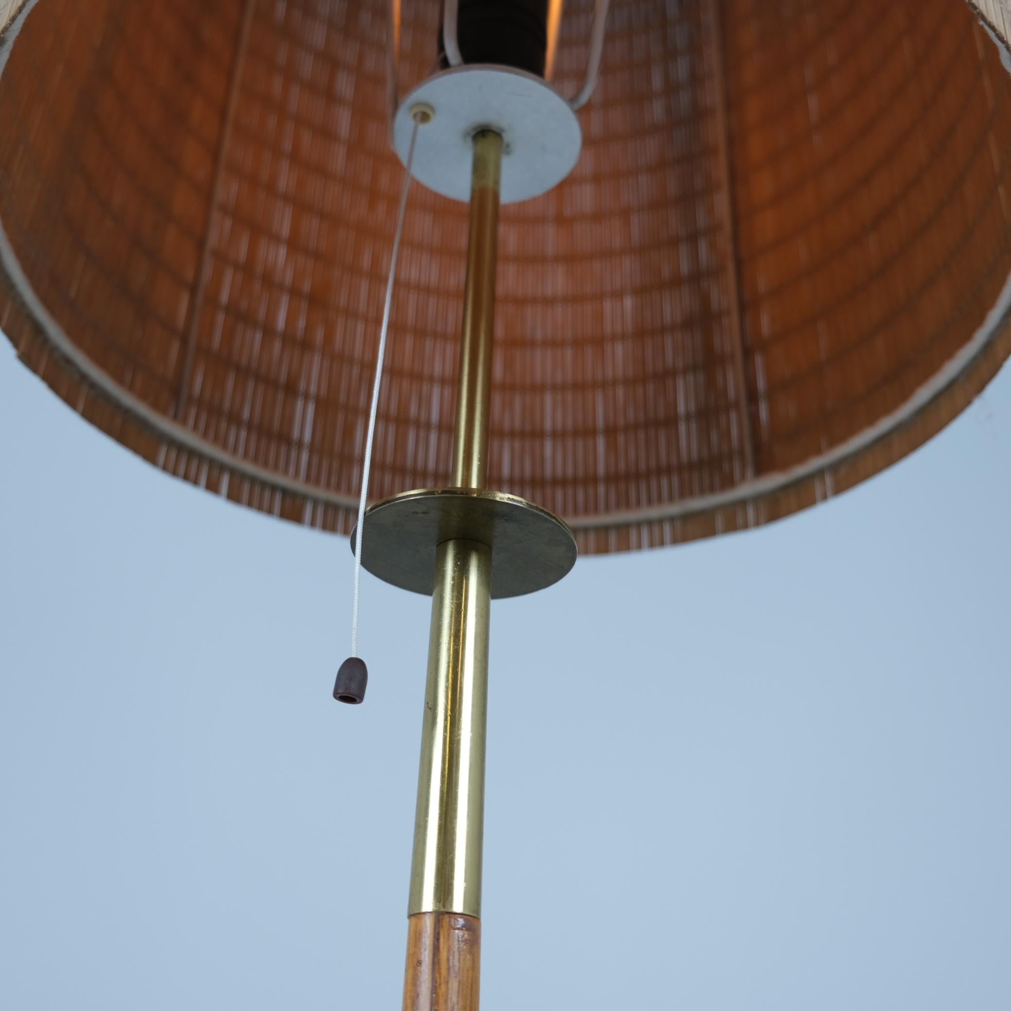 Brass, Teak & Rattan Floor Lamp Attributed to Maria Lindeman, Idman 1950s For Sale 1