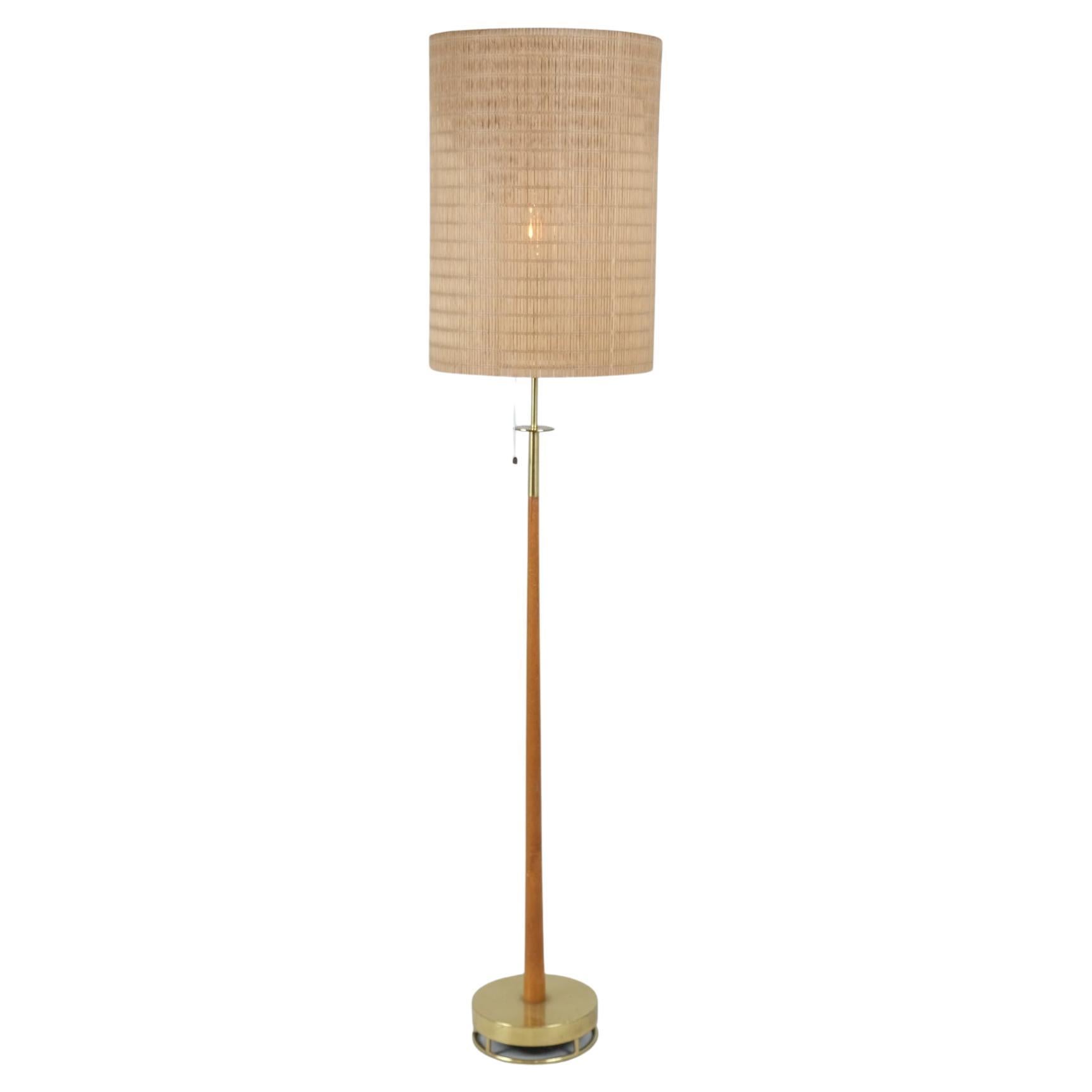 Brass, Teak & Rattan Floor Lamp Attributed to Maria Lindeman, Idman 1950s For Sale