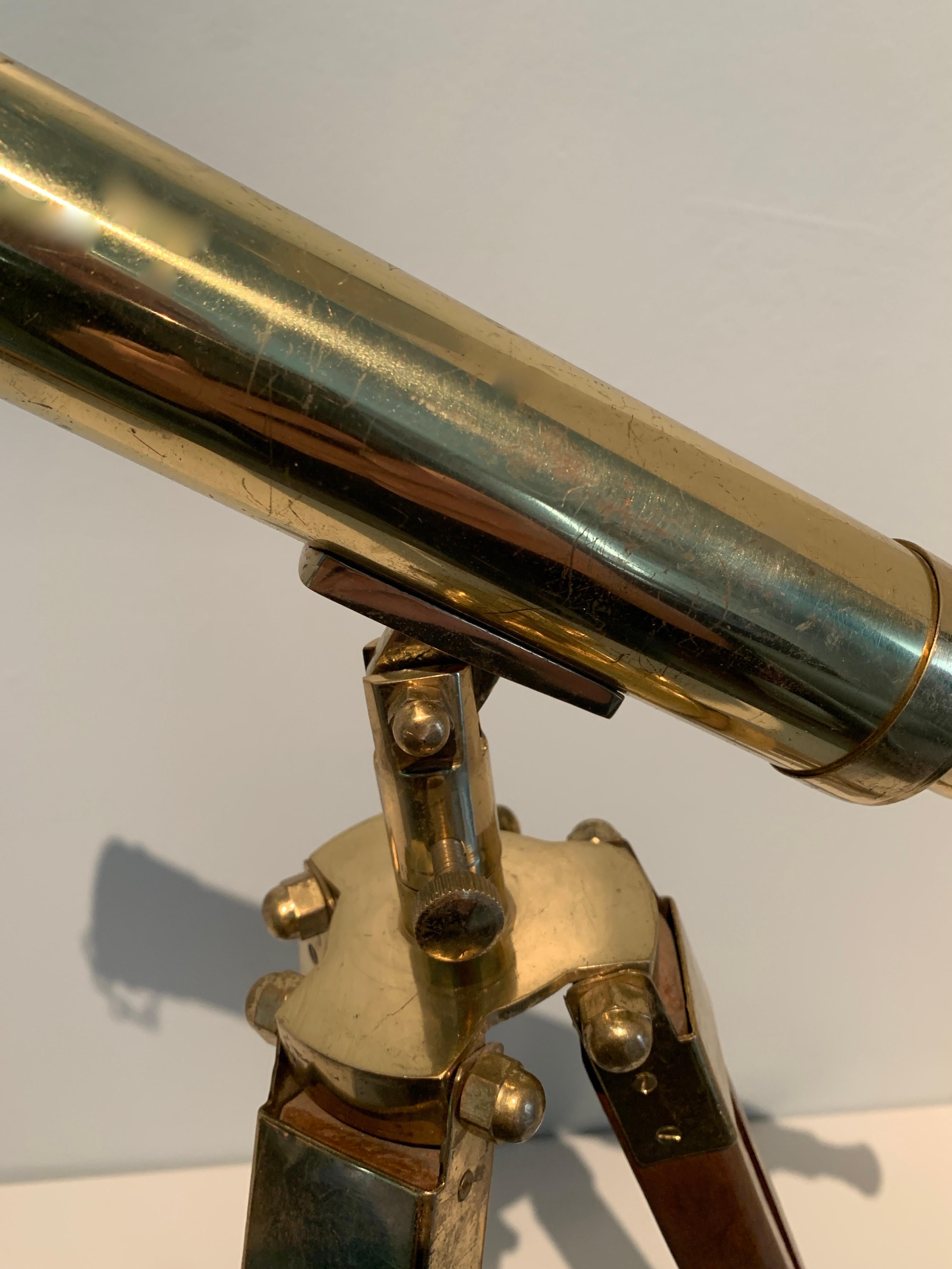 20th Century Brass Telescope on Wooden and Brass Adjustable Tripod