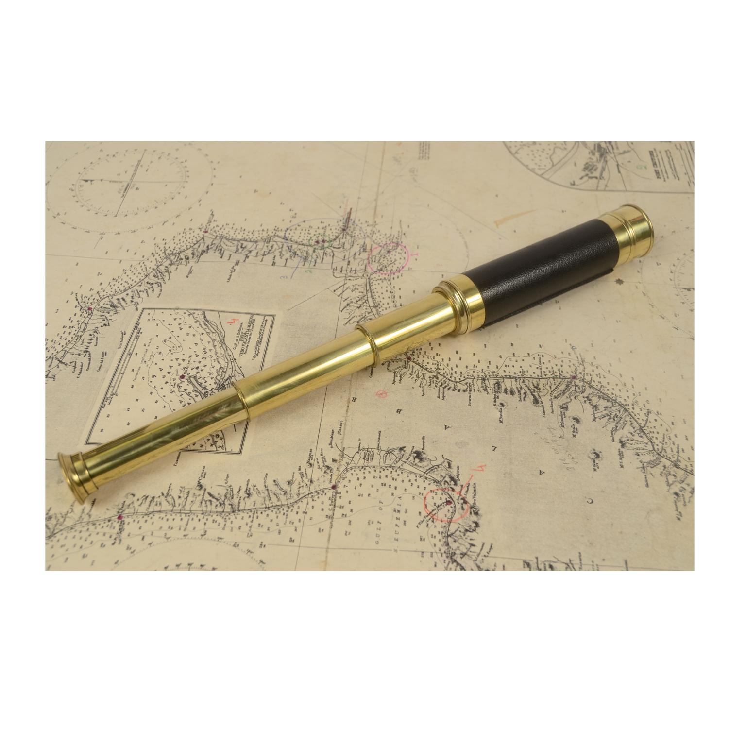 Mid-19th Century Brass Telescope with Leather Handle, France, 1860