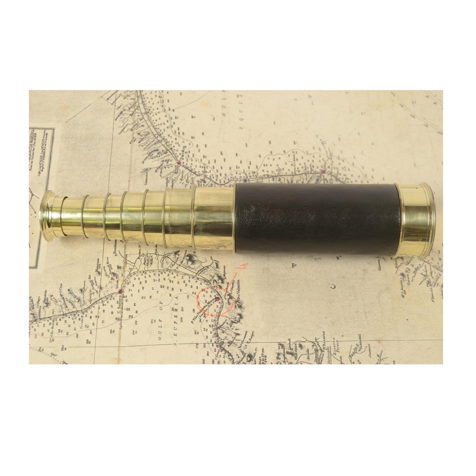 British Brass Telescope with Leather Handle, UK, Second Half of the 19th Century