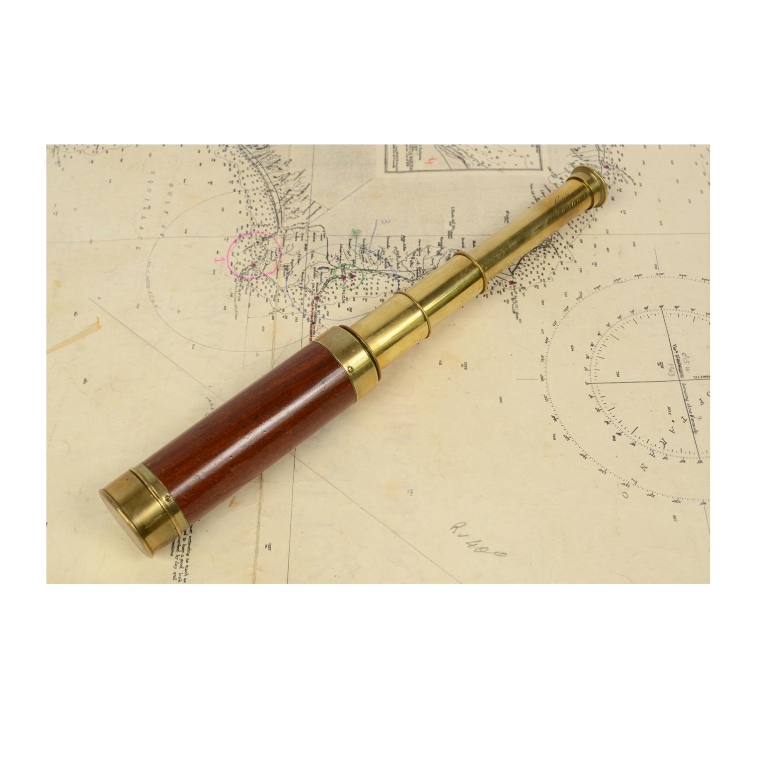 British Brass Telescope with Mahogany Wooden Handle Made in UK in circa 1840