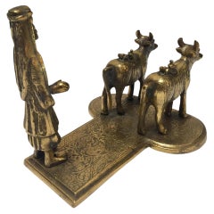 Brass Hindu Temple Oil Lamps Figures a Two Cows and Holly Man Standing
