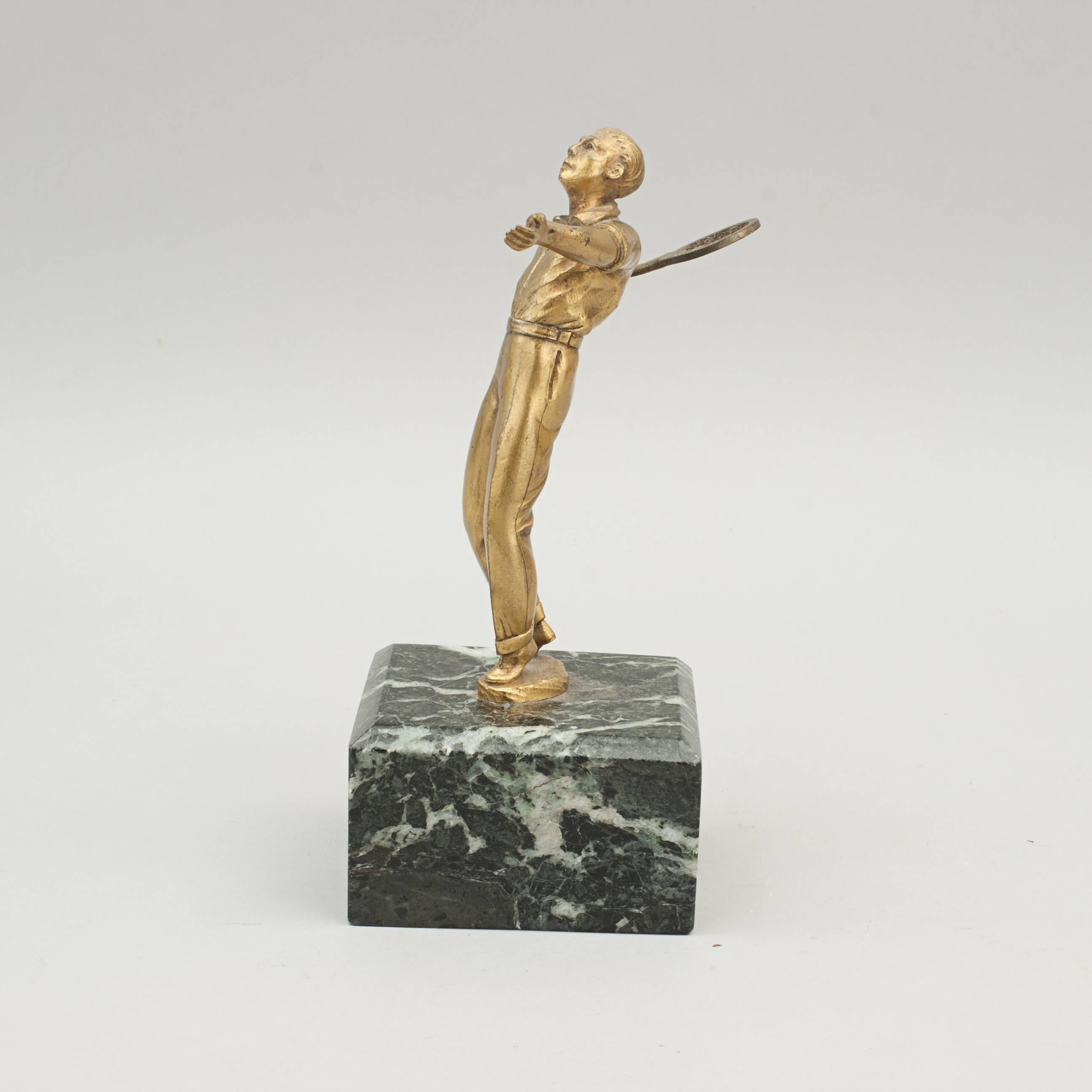 European Vintage Tennis Figure, Statue in Brass on Plinth