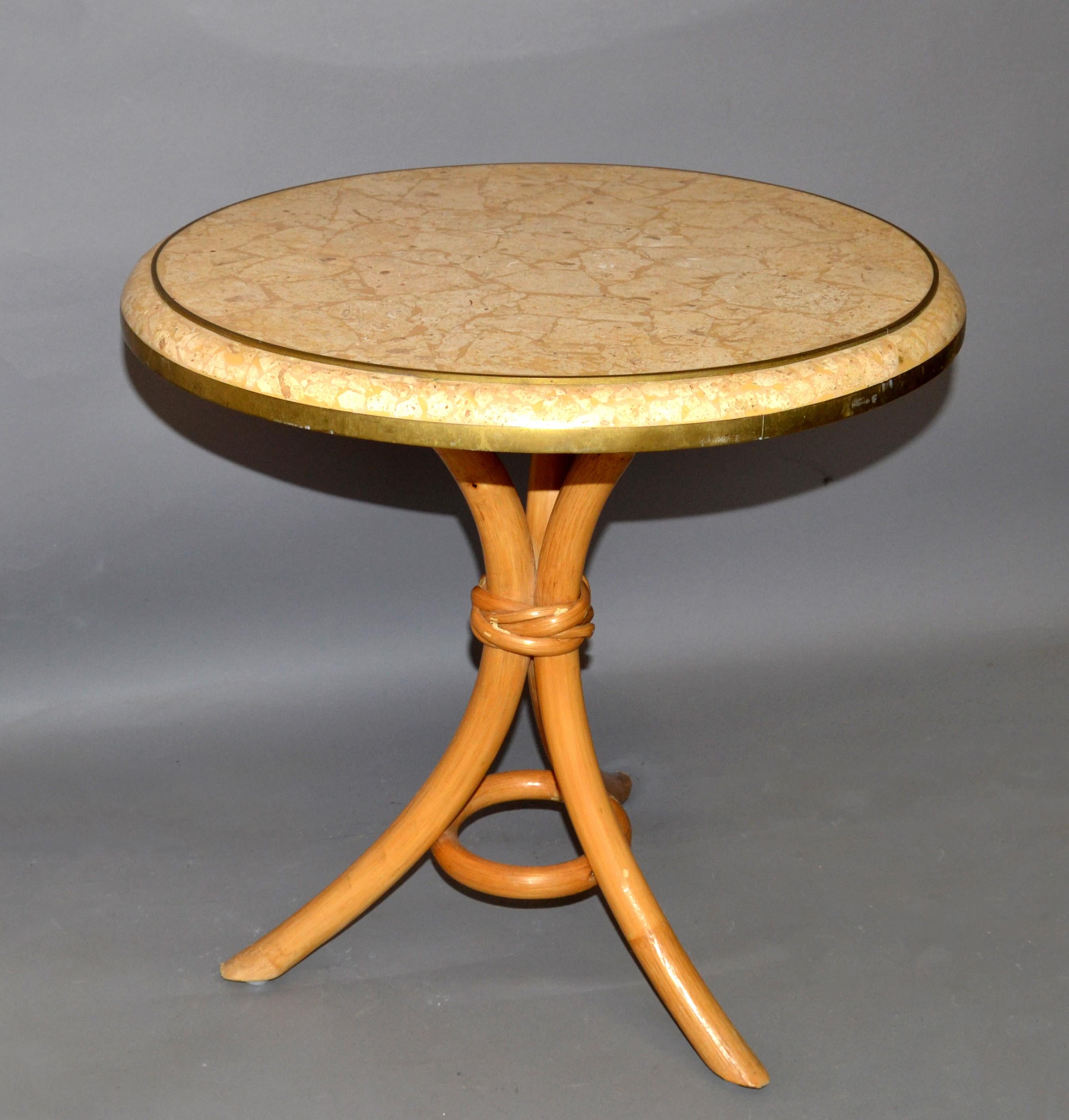 Brass & Tessellated Stone on Bamboo Wood Side, Drink, End Table Maitland Smith For Sale 3