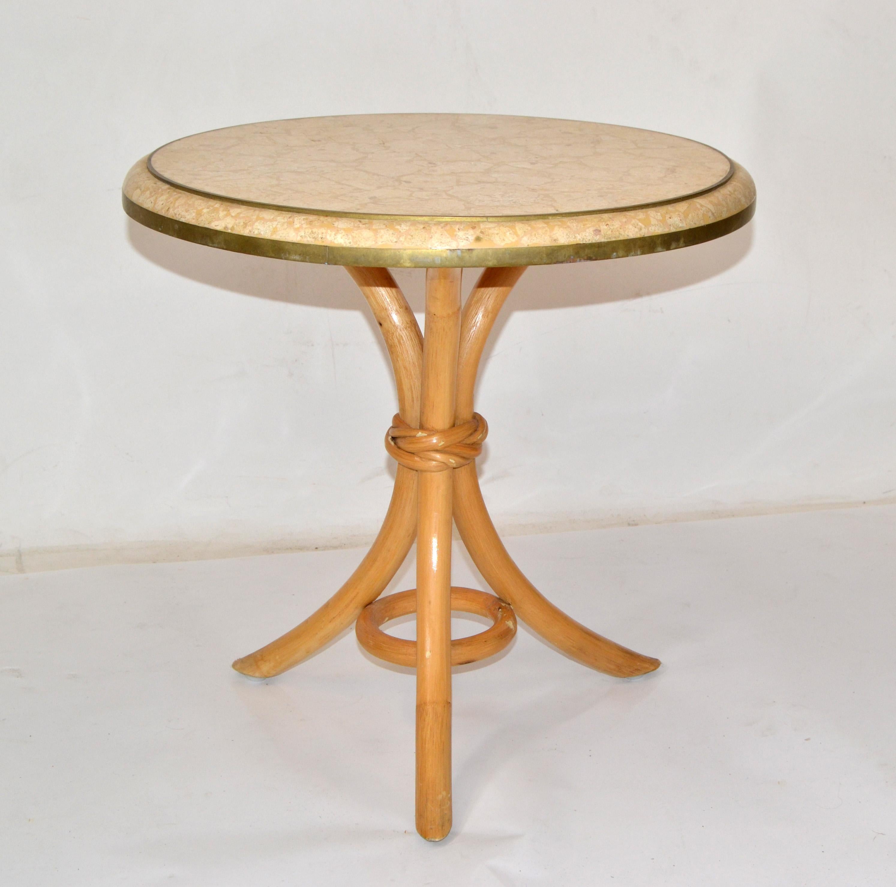 Brass & Tessellated Stone on Bamboo Wood Side, Drink, End Table Maitland Smith For Sale 7