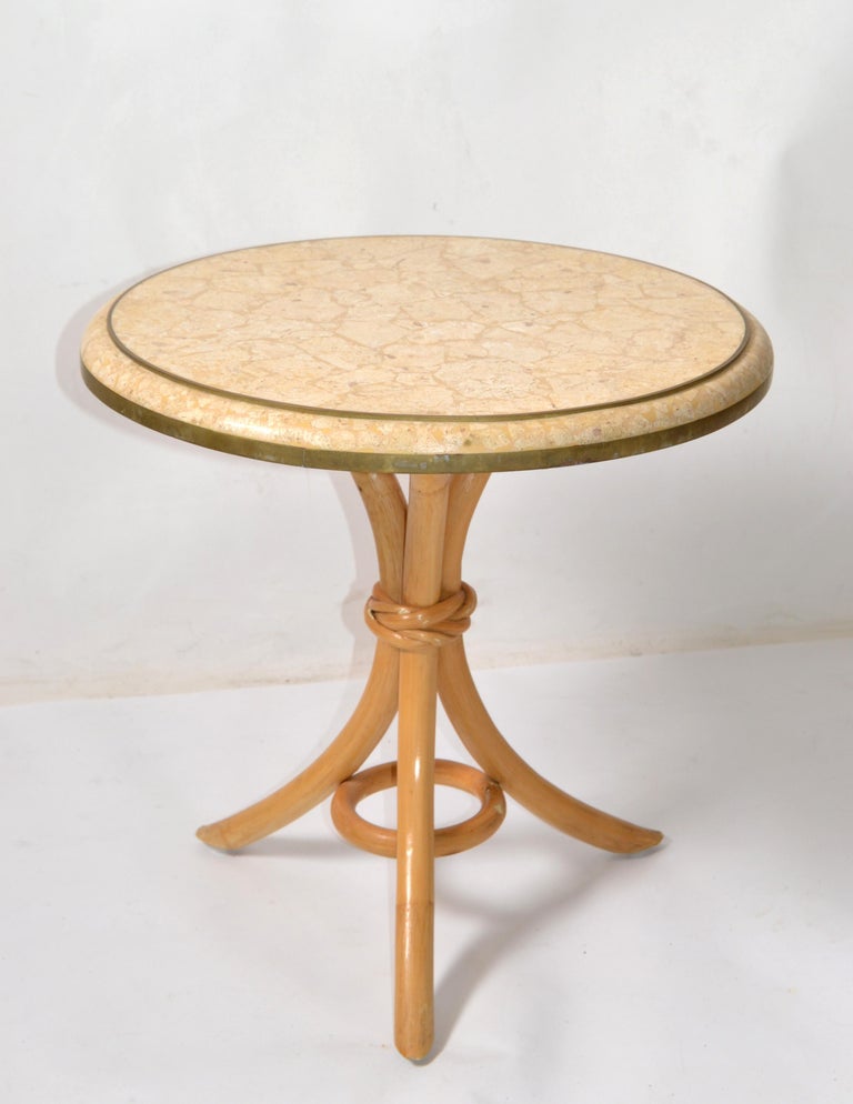 Brass & Tessellated Stone on Bamboo Wood Side, Drink, End Table Maitland Smith For Sale 8