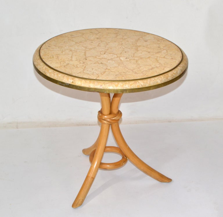 Mid-Century Modern Brass & Tessellated Stone on Bamboo Wood Side, Drink, End Table Maitland Smith For Sale