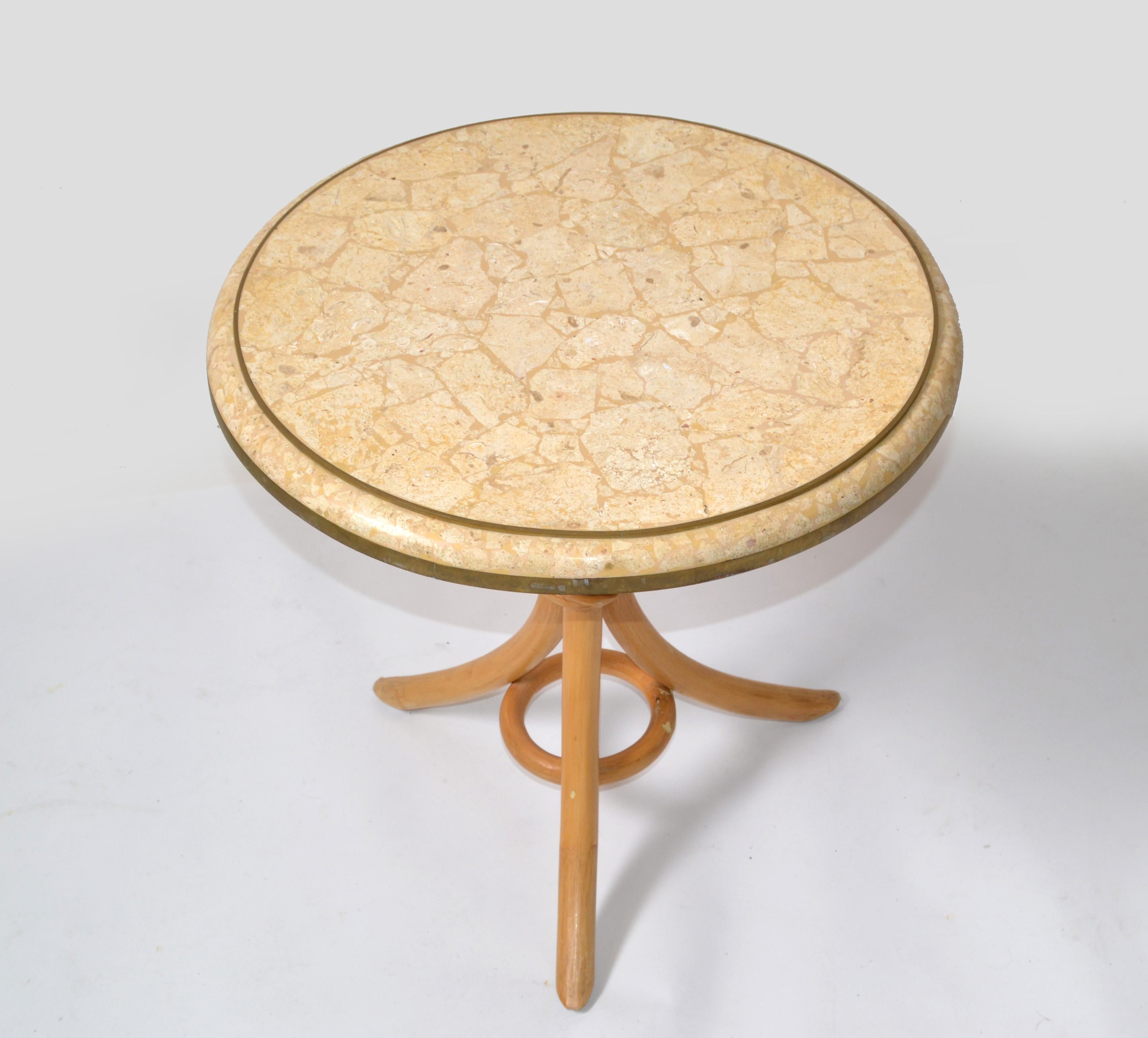 Philippine Brass & Tessellated Stone on Bamboo Wood Side, Drink, End Table Maitland Smith For Sale