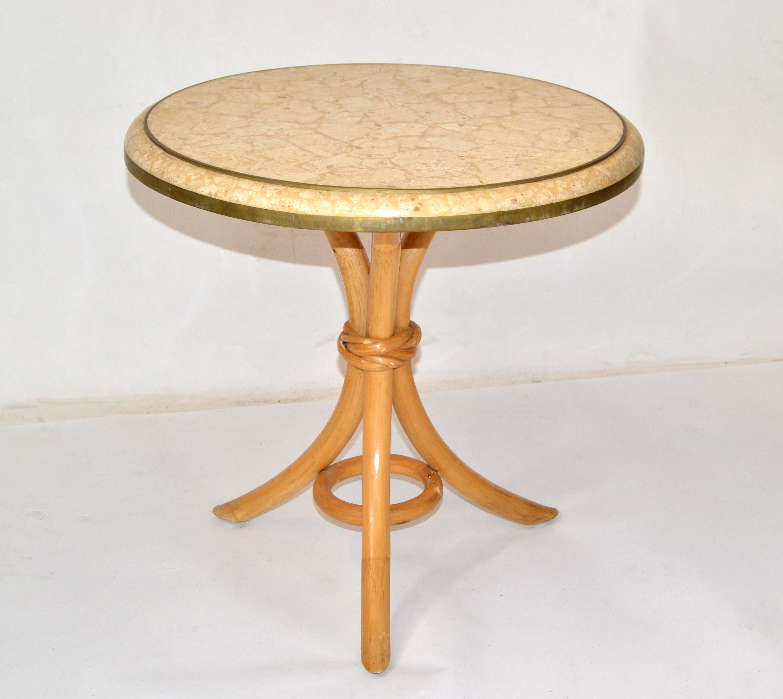 Hand-Crafted Brass & Tessellated Stone on Bamboo Wood Side, Drink, End Table Maitland Smith For Sale