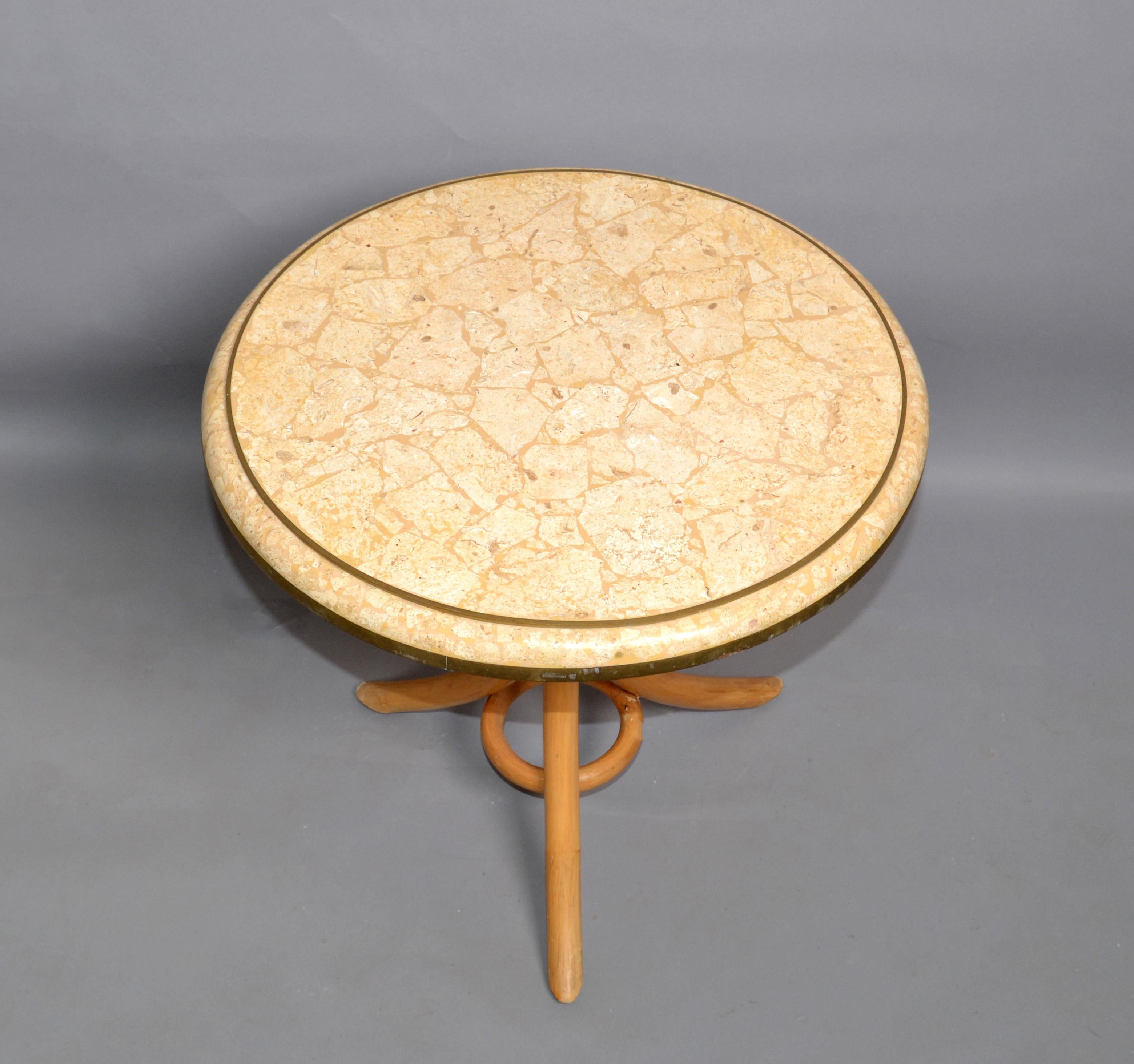 Brass & Tessellated Stone on Bamboo Wood Side, Drink, End Table Maitland Smith In Good Condition For Sale In Miami, FL