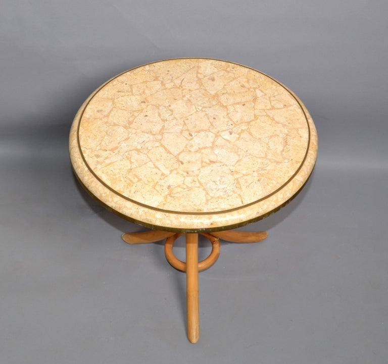 Brass & Tessellated Stone on Bamboo Wood Side, Drink, End Table Maitland Smith In Good Condition For Sale In Miami, FL