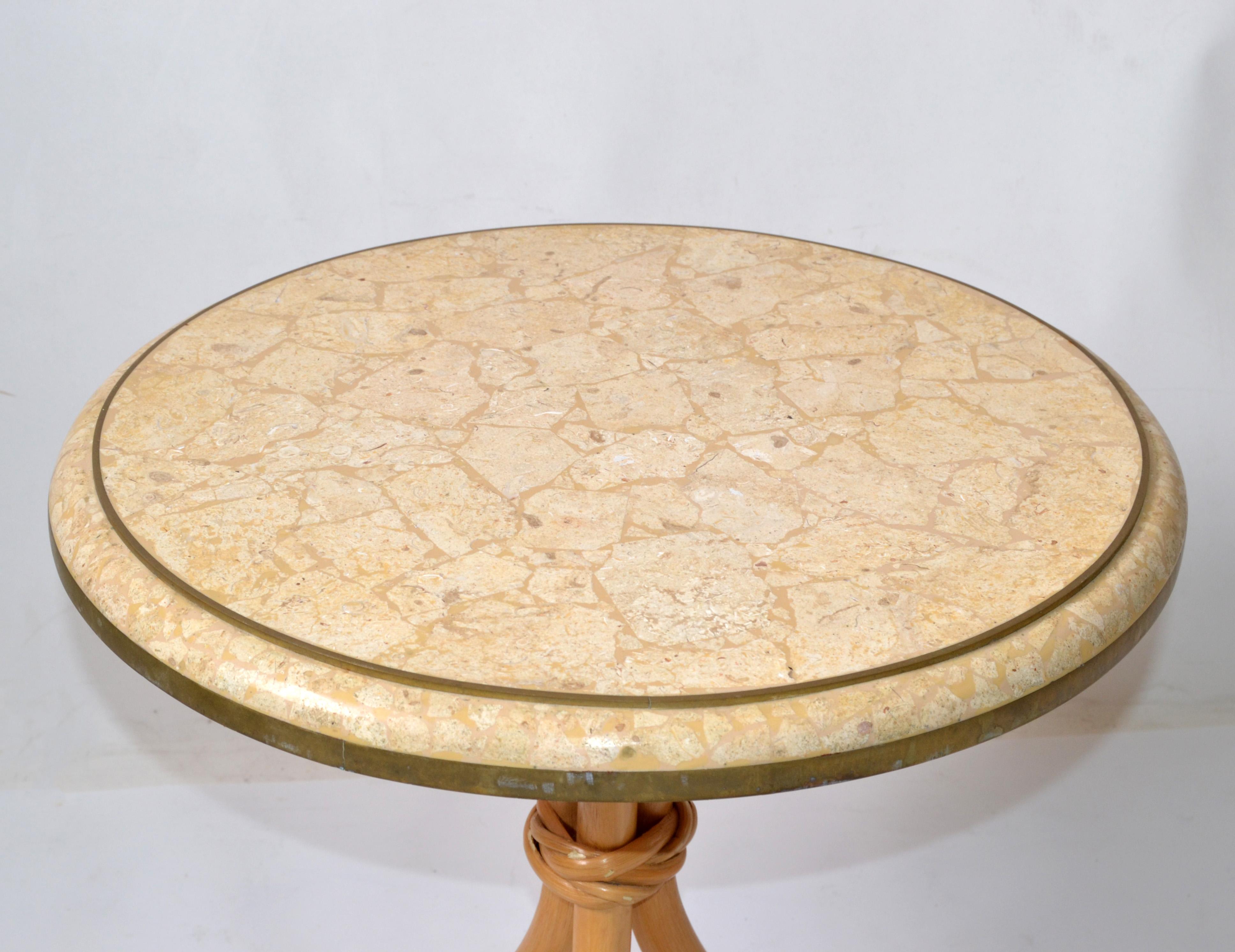 20th Century Brass & Tessellated Stone on Bamboo Wood Side, Drink, End Table Maitland Smith For Sale