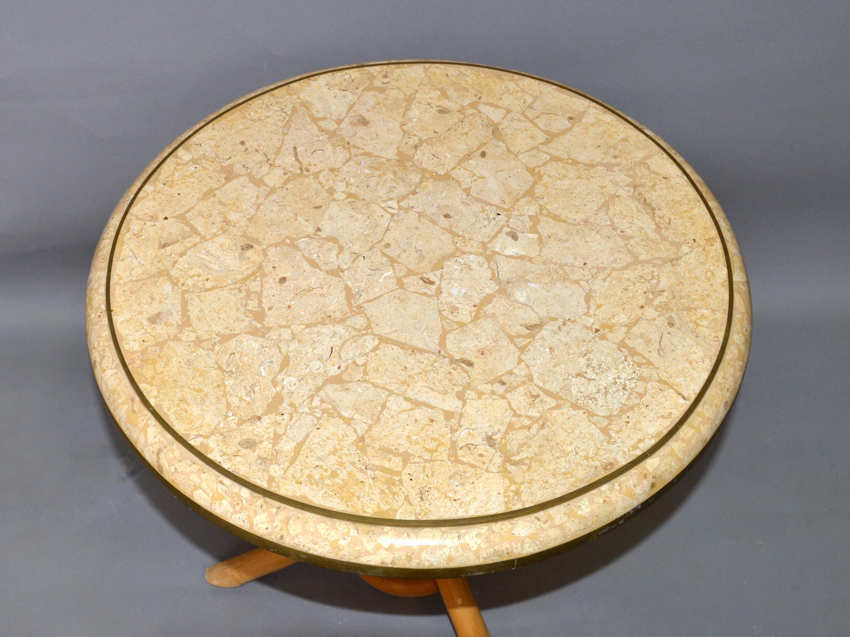 Brass & Tessellated Stone on Bamboo Wood Side, Drink, End Table Maitland Smith For Sale 2