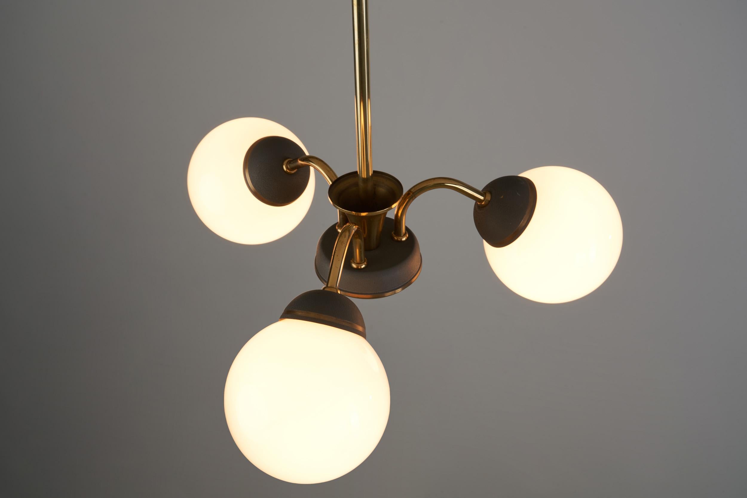 Brass Three-Armed Ceiling Lamp with Opal Glass Shades, Scandinavia 1950s For Sale 4