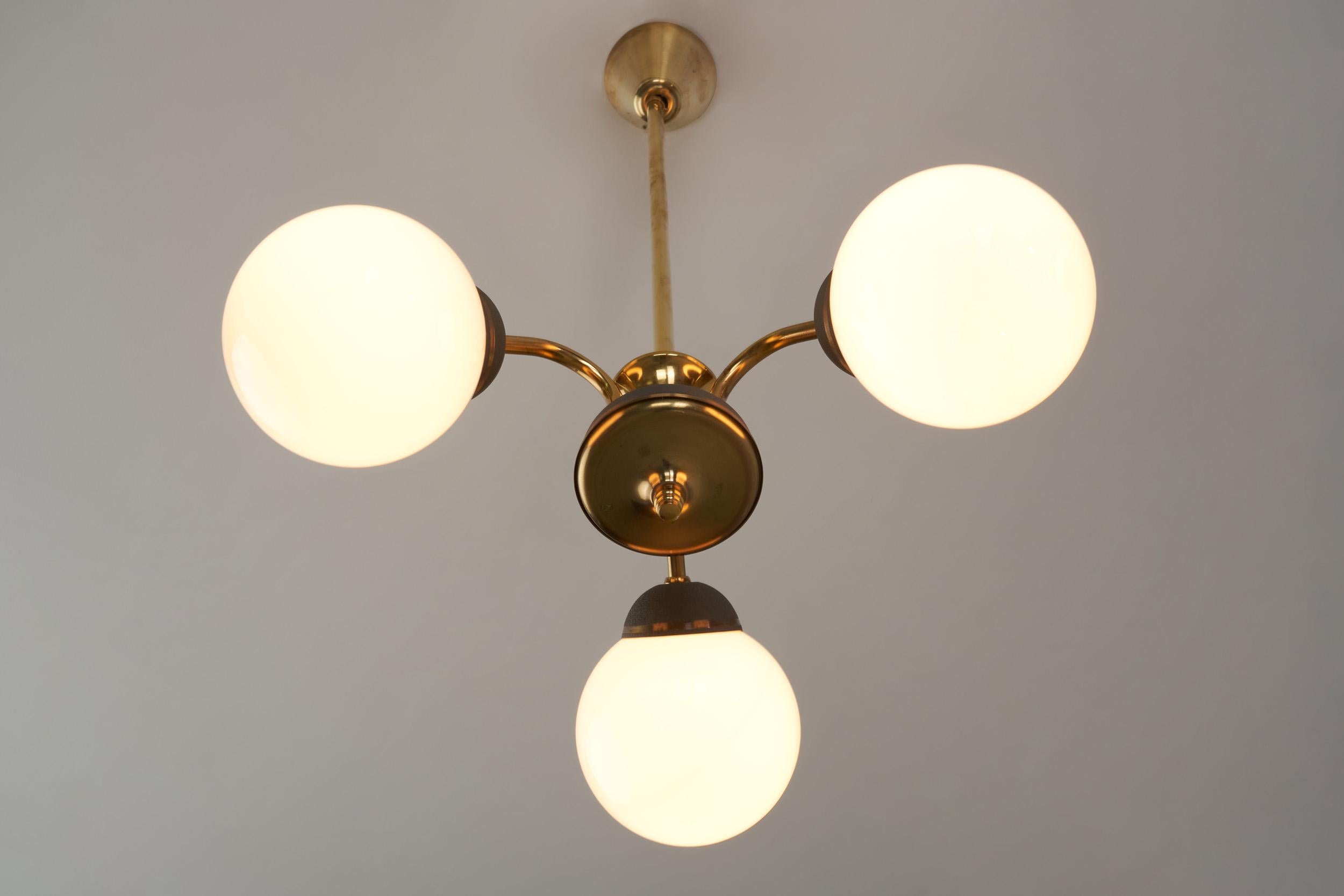 Brass Three-Armed Ceiling Lamp with Opal Glass Shades, Scandinavia 1950s For Sale 7