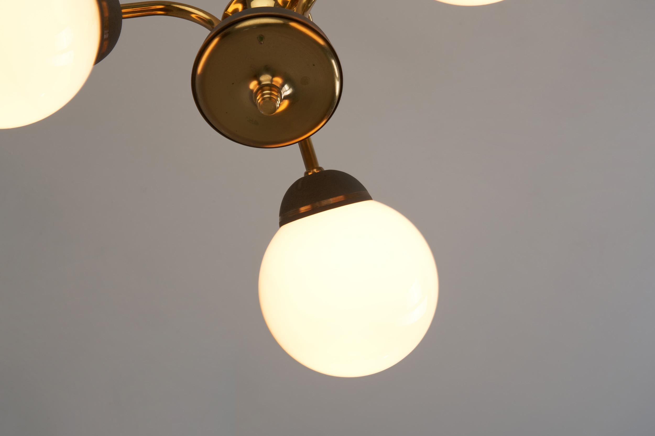 Brass Three-Armed Ceiling Lamp with Opal Glass Shades, Scandinavia 1950s For Sale 8