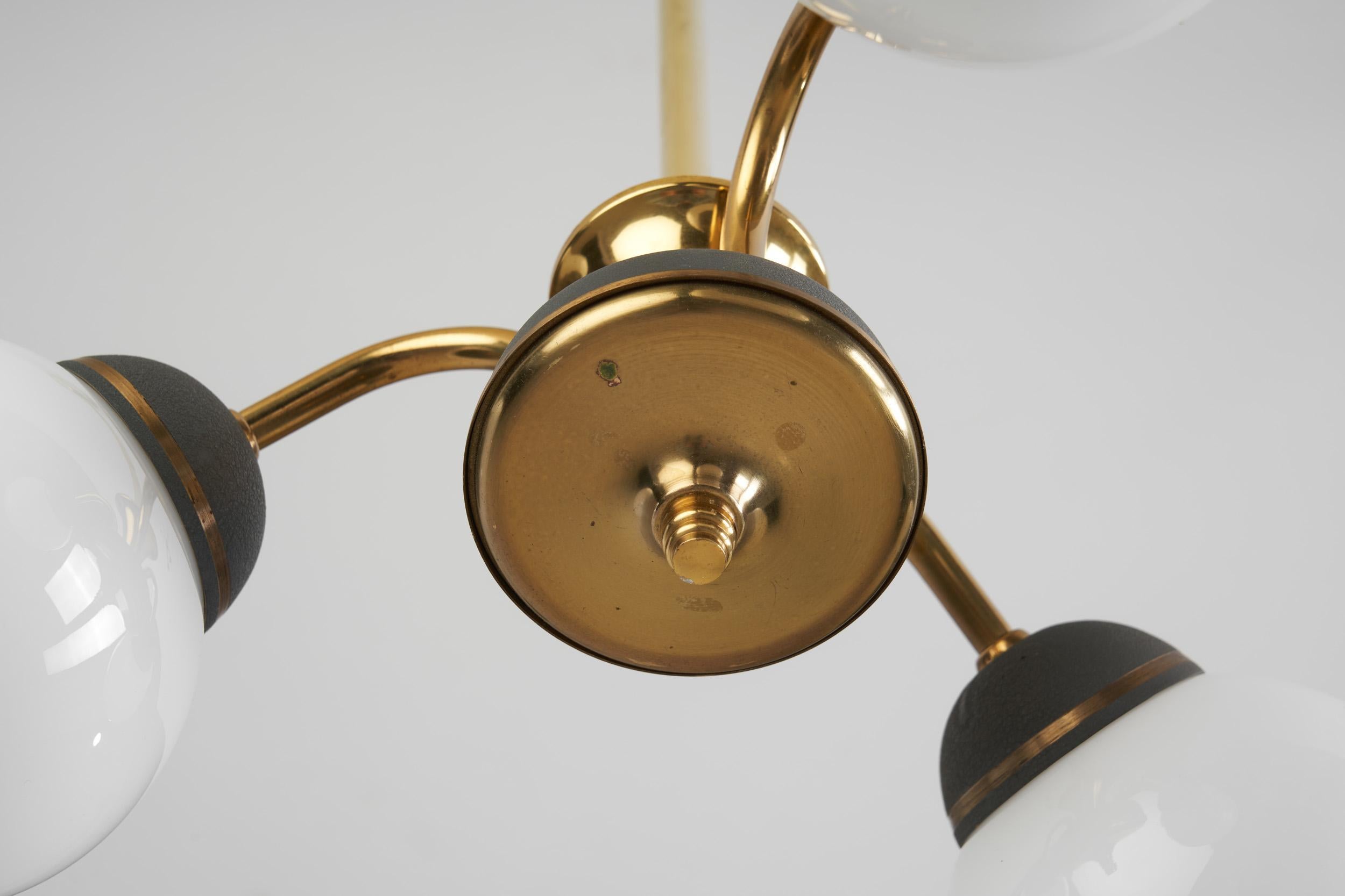 Brass Three-Armed Ceiling Lamp with Opal Glass Shades, Scandinavia 1950s For Sale 11