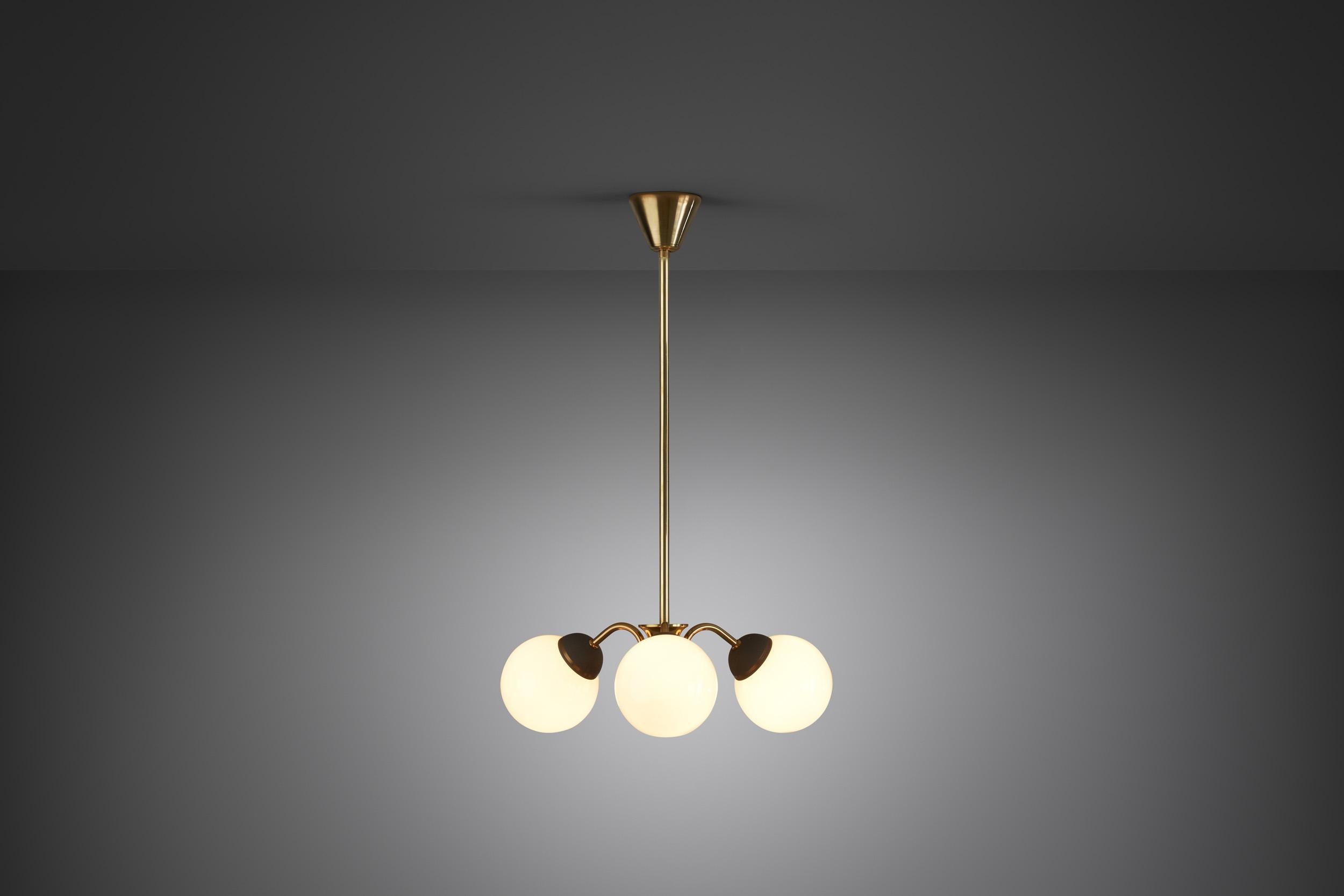 Scandinavian Brass Three-Armed Ceiling Lamp with Opal Glass Shades, Scandinavia 1950s For Sale