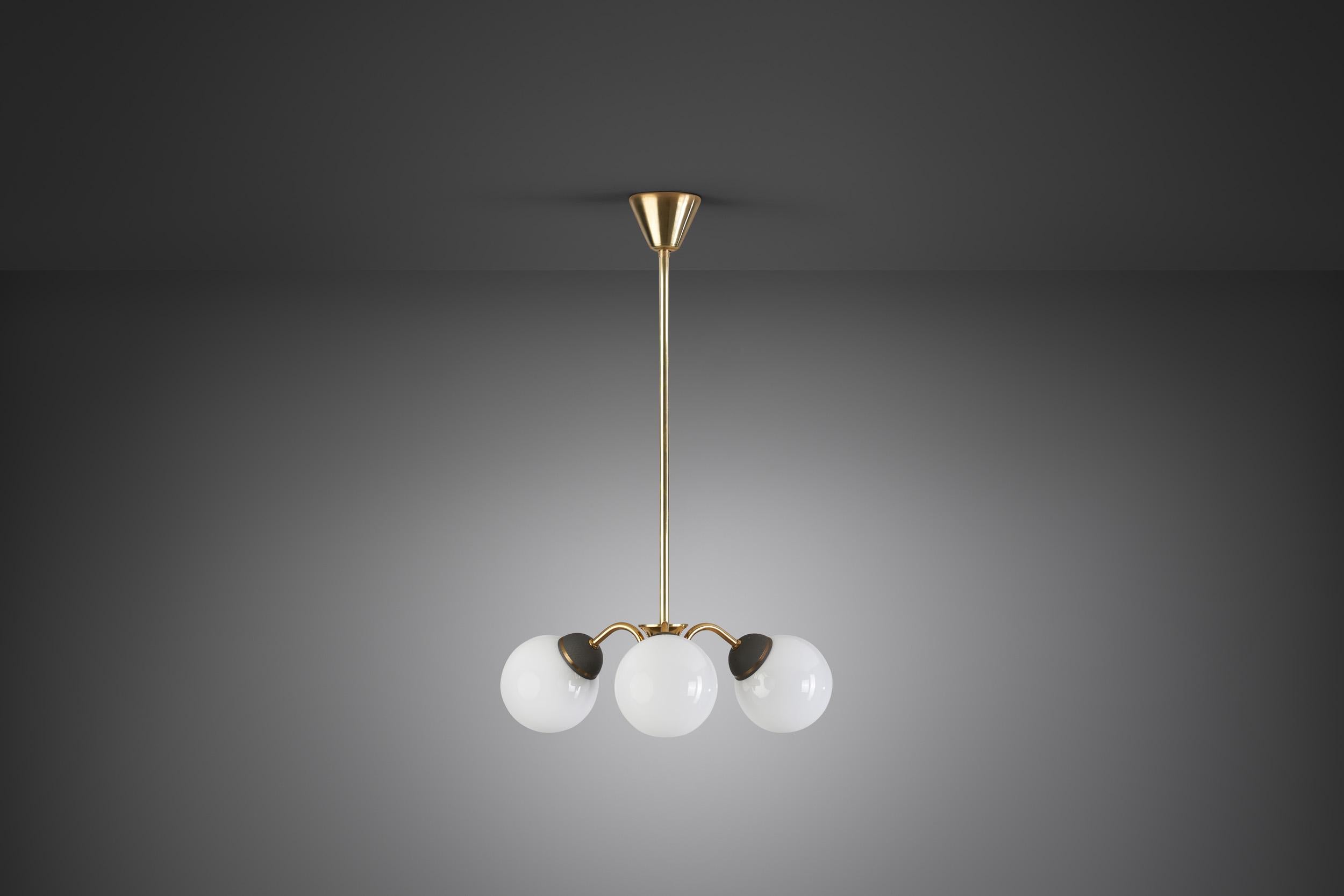 Brass Three-Armed Ceiling Lamp with Opal Glass Shades, Scandinavia 1950s In Good Condition In Utrecht, NL