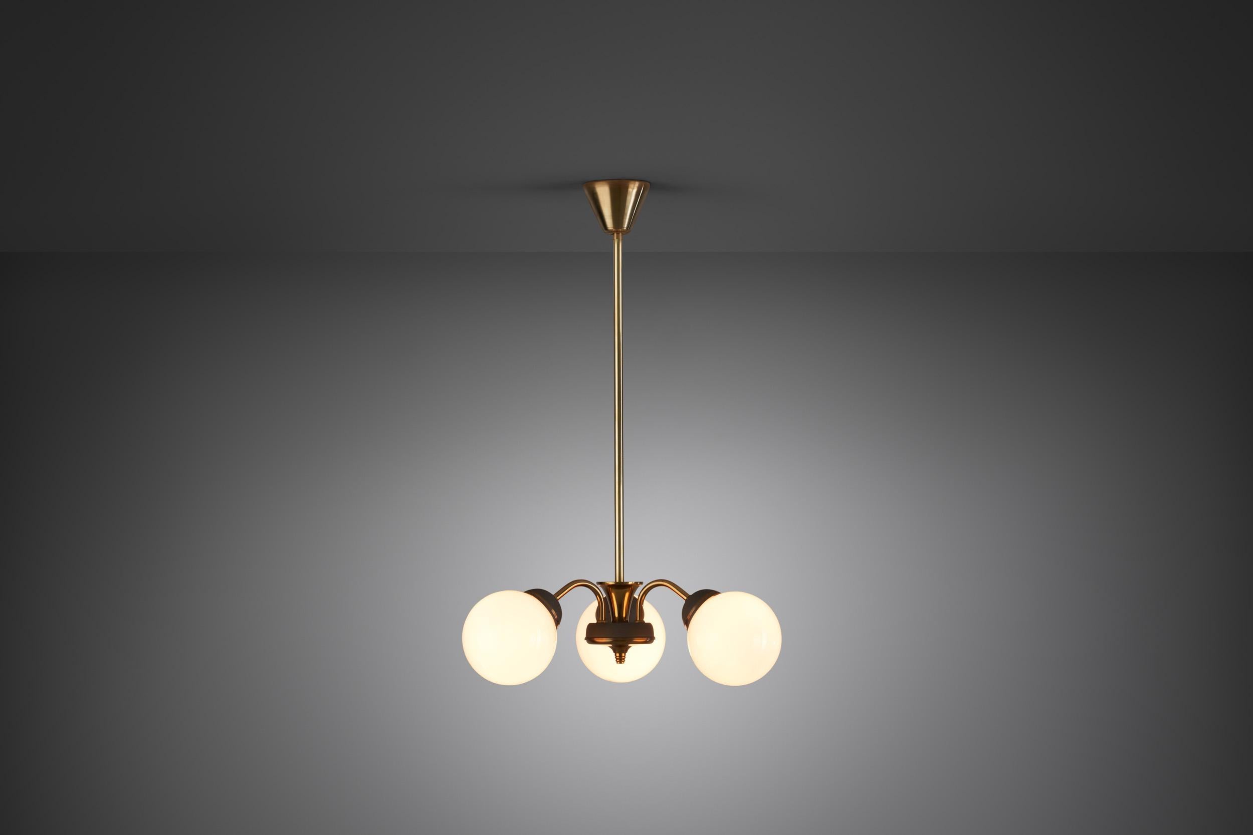 Brass Three-Armed Ceiling Lamp with Opal Glass Shades, Scandinavia 1950s For Sale 2